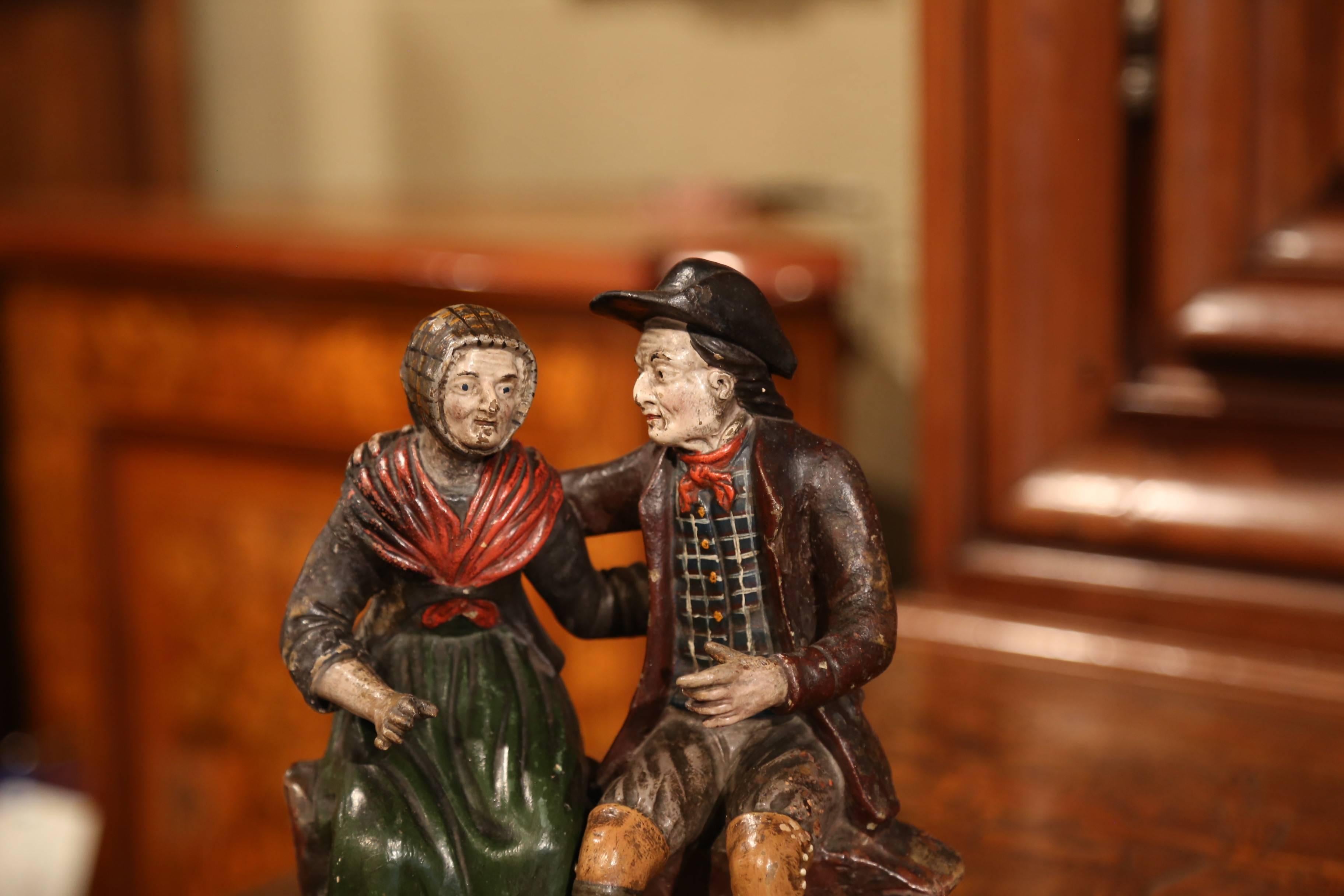 Hand-Crafted 19th Century French Hand-Painted Ceramic Sculpture of Old Couple For Sale
