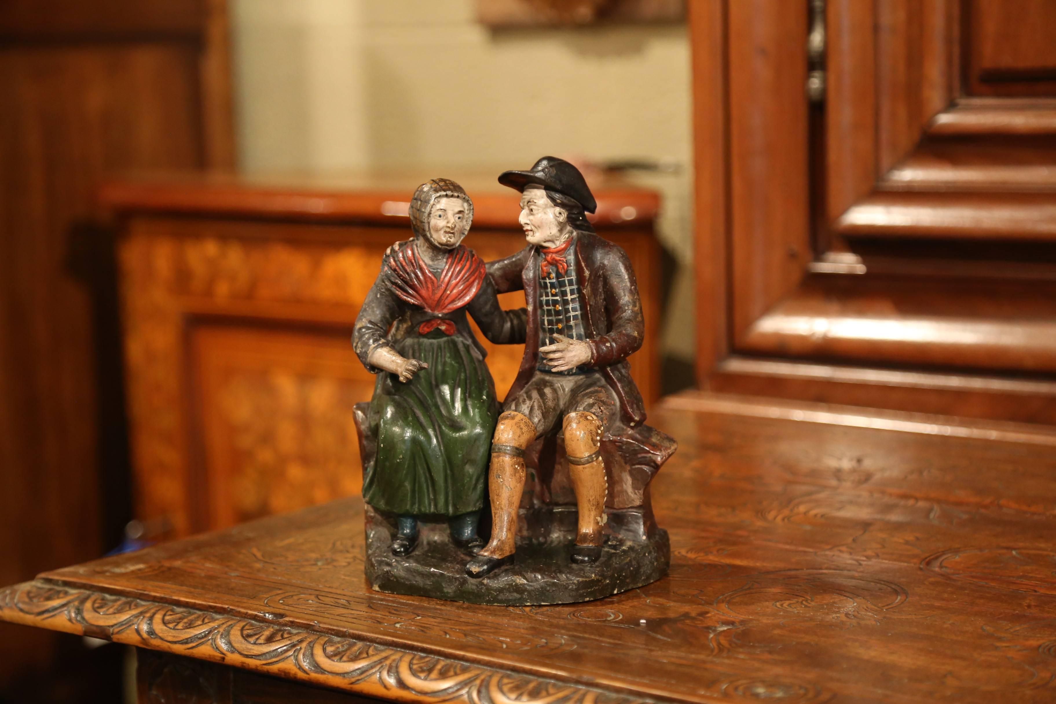 19th Century French Hand-Painted Ceramic Sculpture of Old Couple In Excellent Condition For Sale In Dallas, TX