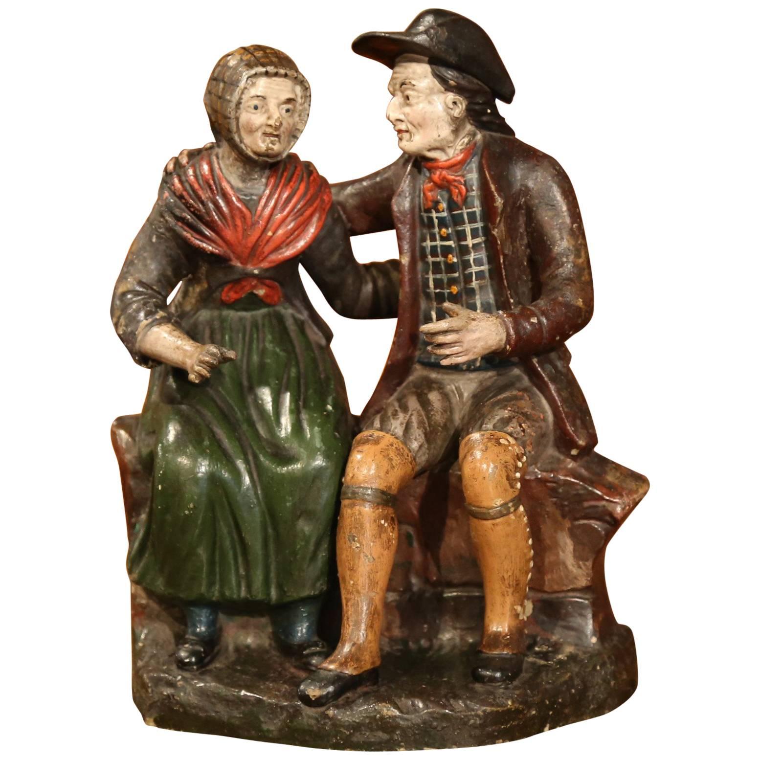 19th Century French Hand-Painted Ceramic Sculpture of Old Couple For Sale