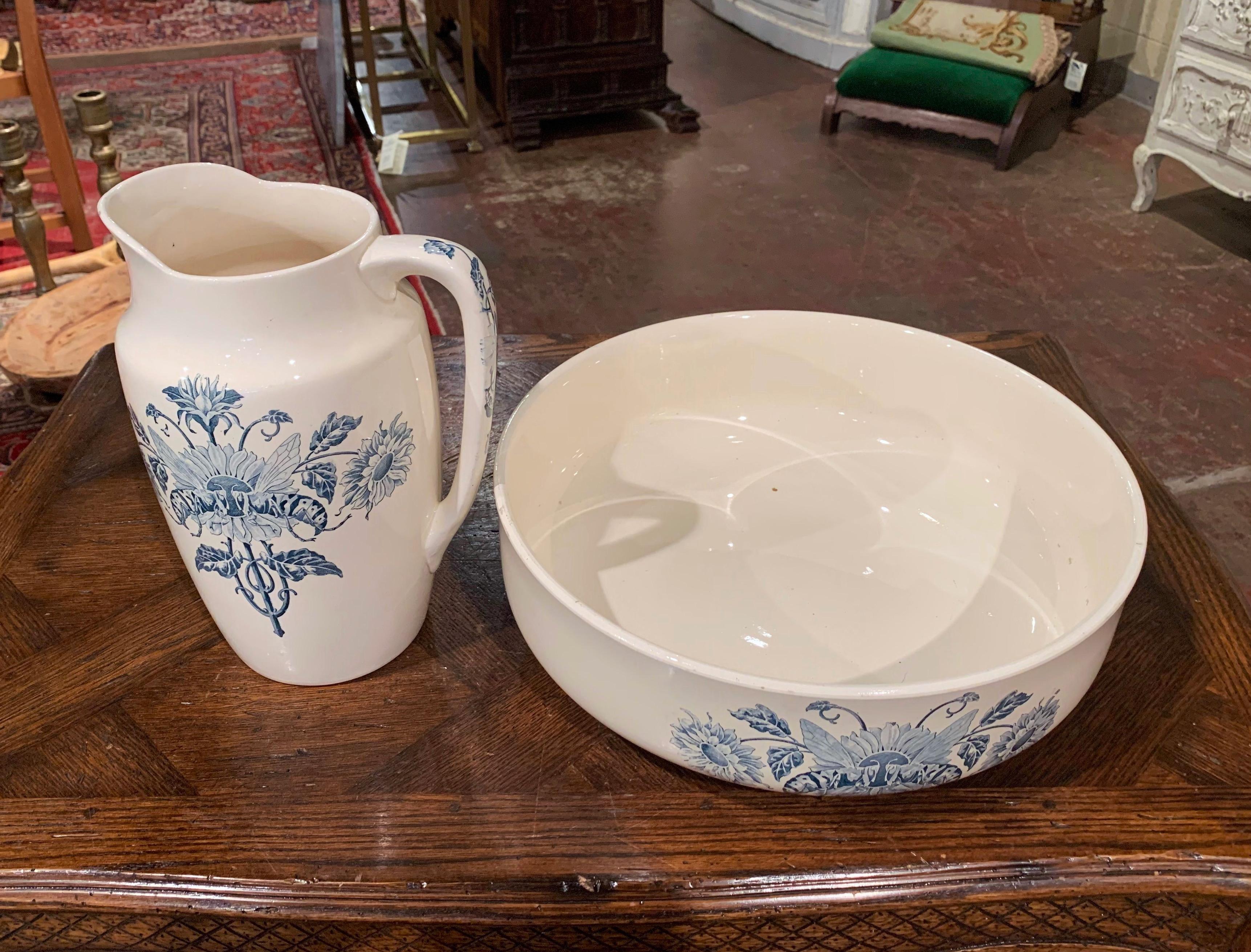 Hand-Crafted 19th Century French Hand Painted Ceramic Wash Bowl and Pitcher from Longchamp