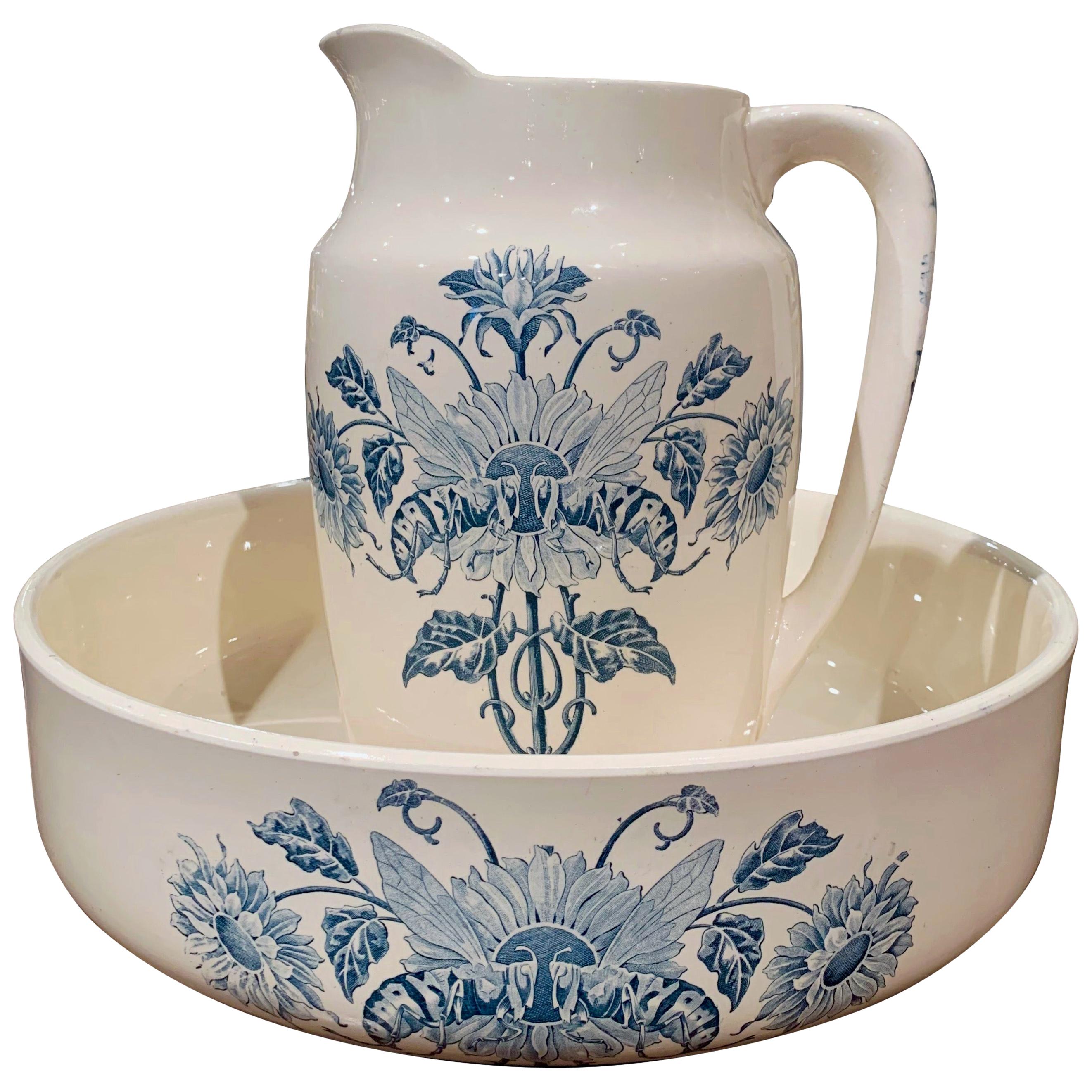 19th Century French Hand Painted Ceramic Wash Bowl and Pitcher from Longchamp