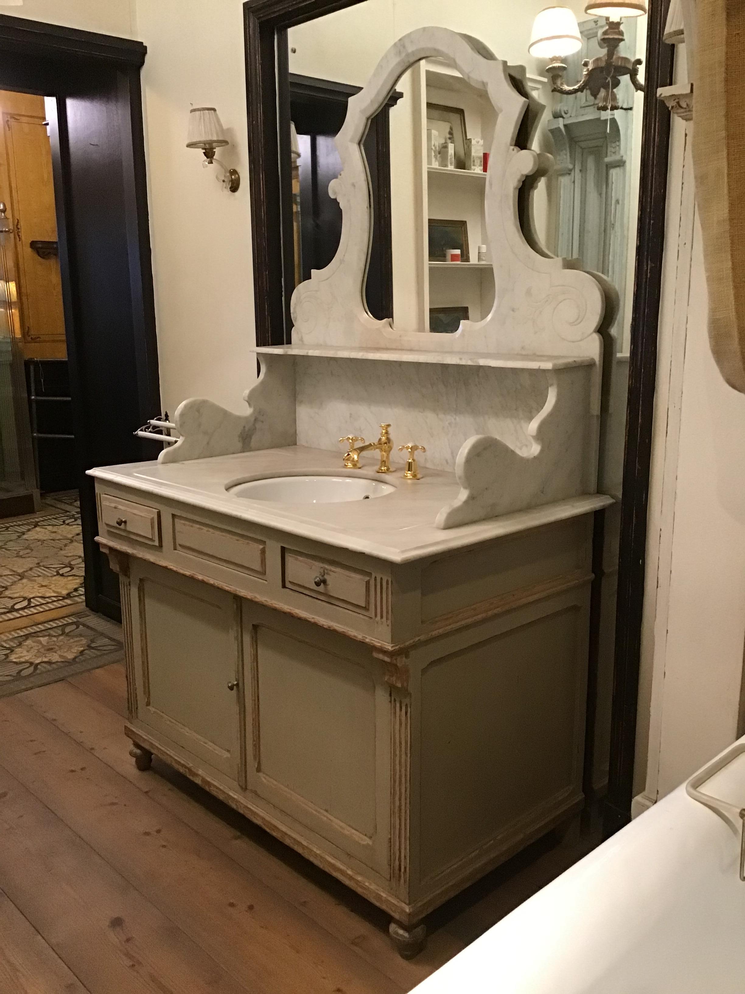 19th century French hand painted cupboard sink with original marble top and mirror. 1890s.