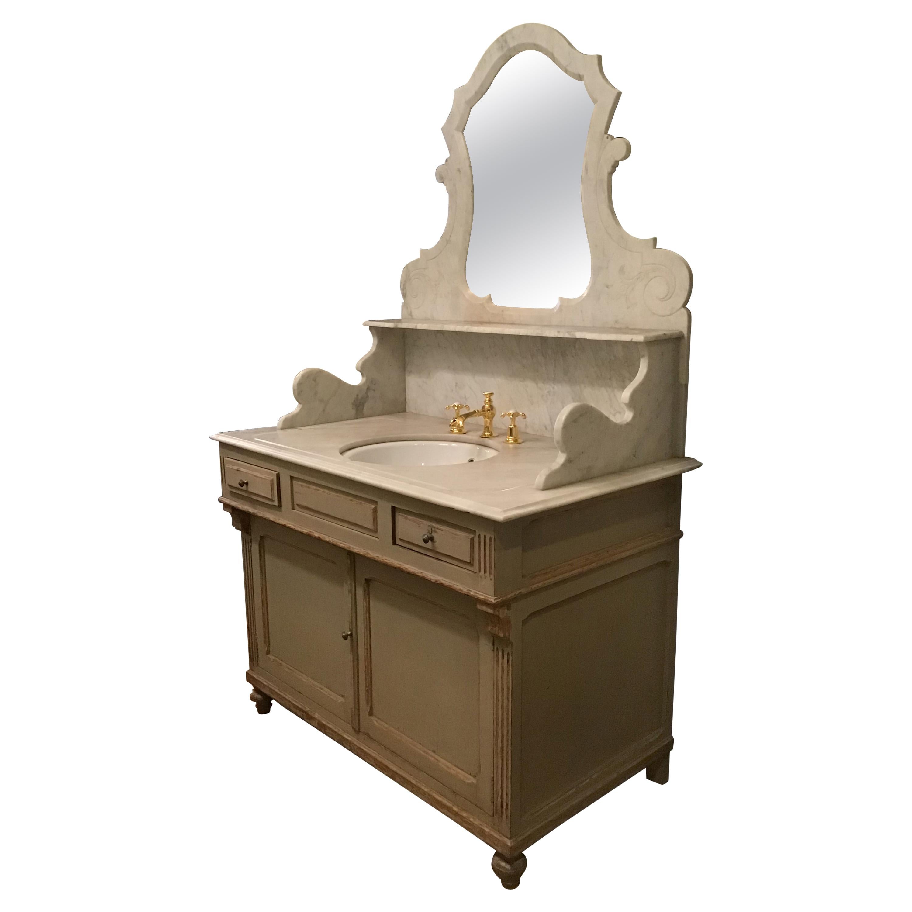 19th Century French Hand Painted Cupboard Sink with Marble Top, 1890s For Sale