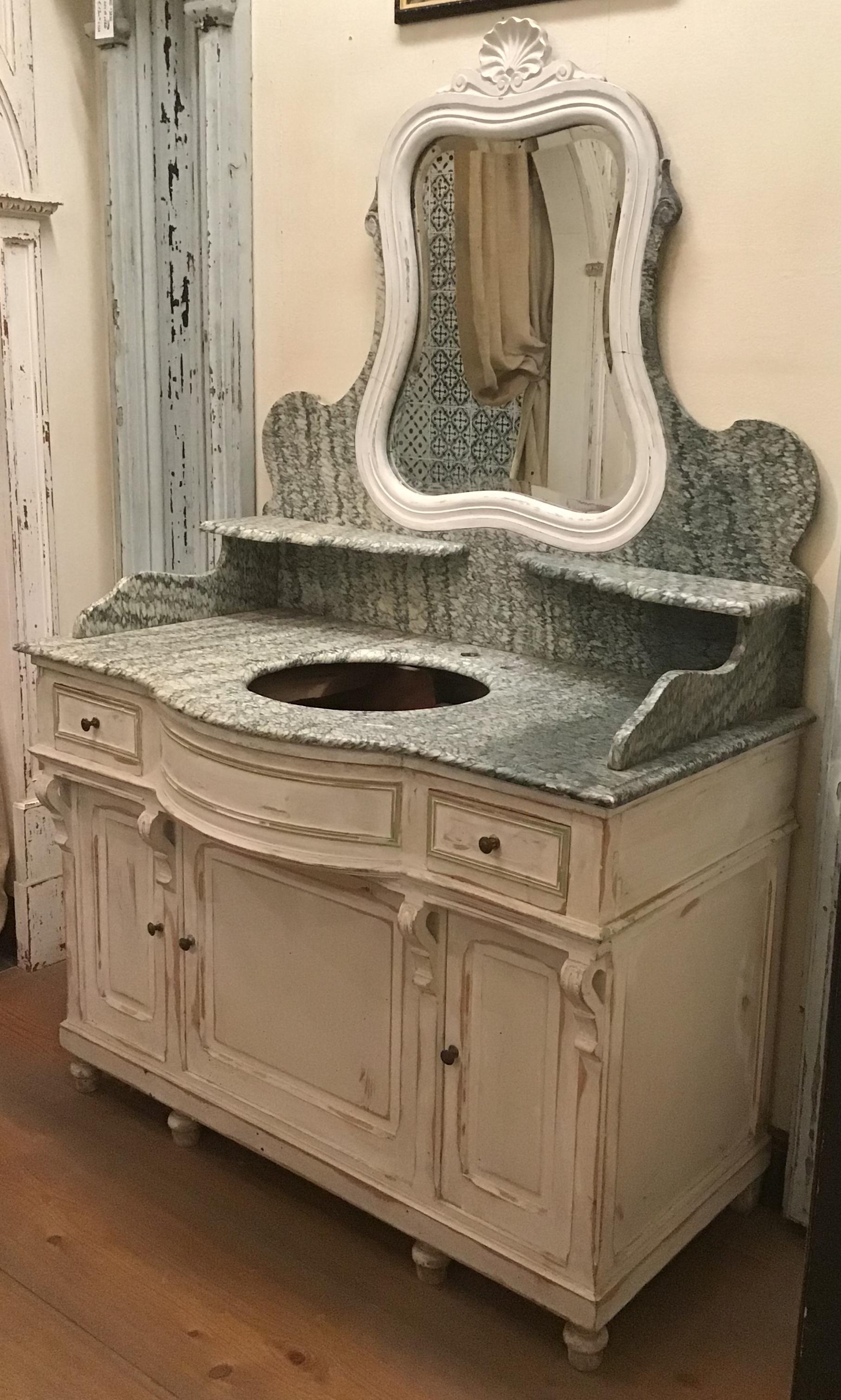 19th Century French Hand-Painted Cupboard Sink with Mirror and Marble Top. 1890s For Sale 9