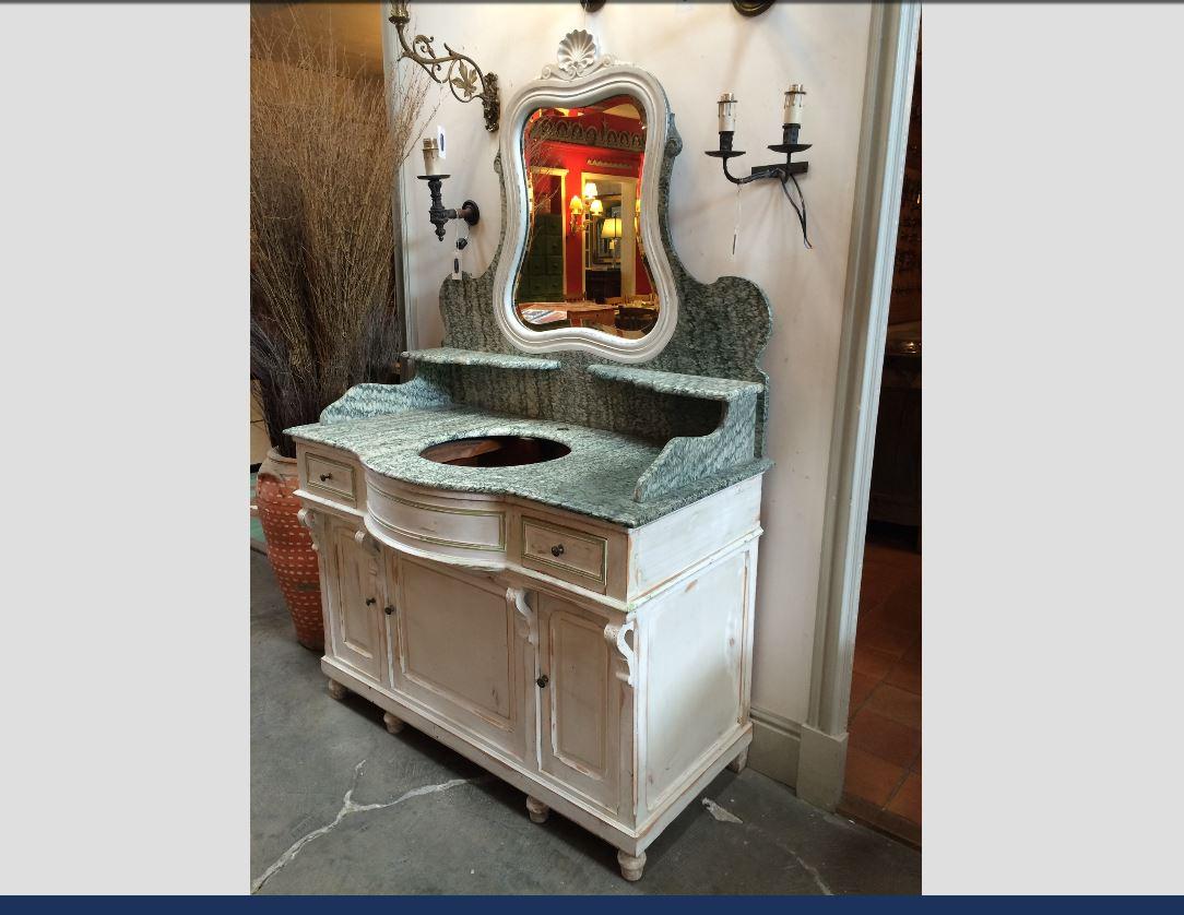 19th Century French Hand-Painted Cupboard Sink with Mirror and Marble Top. 1890s
The Cupboard has 2 little drawers and 3 Shutters.