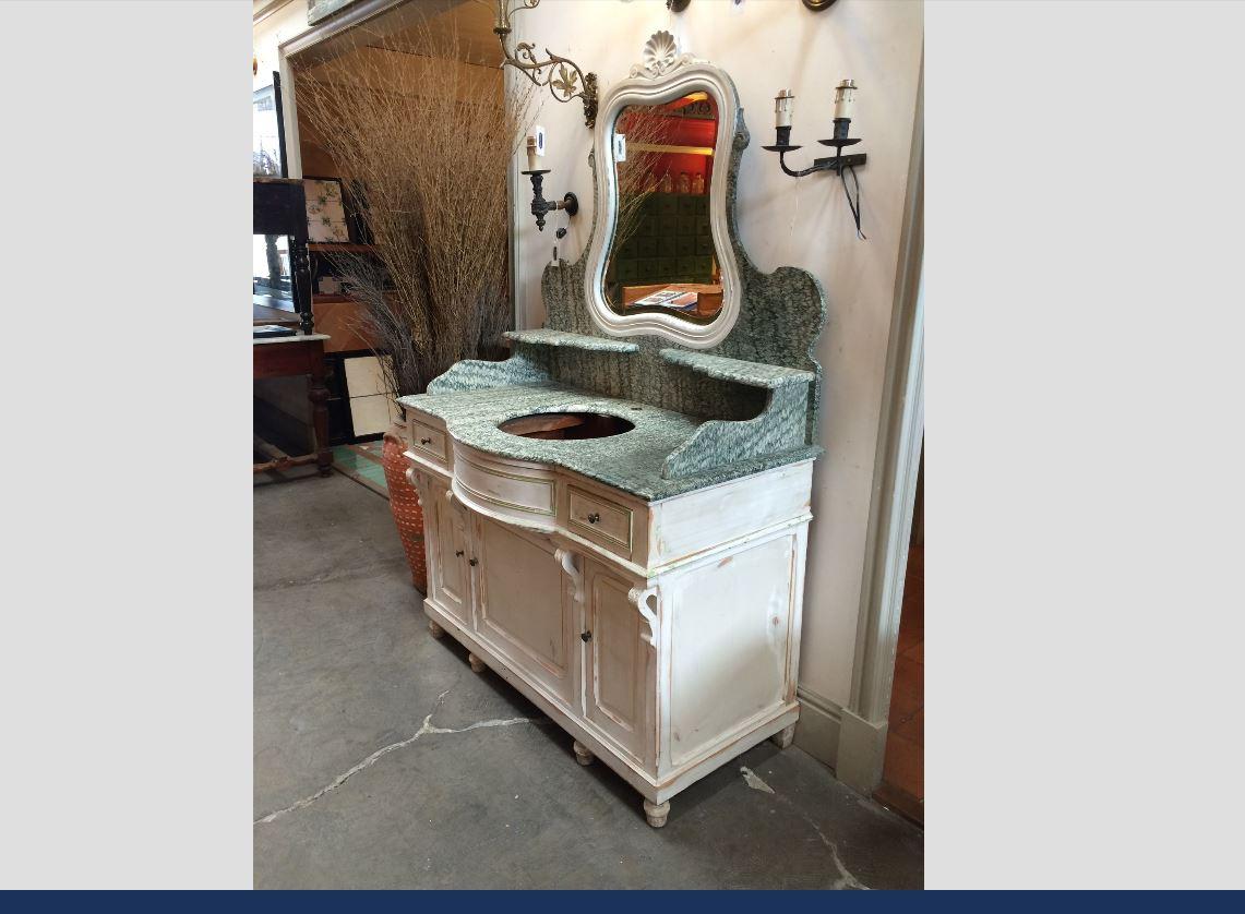 Victorian 19th Century French Hand-Painted Cupboard Sink with Mirror and Marble Top. 1890s For Sale