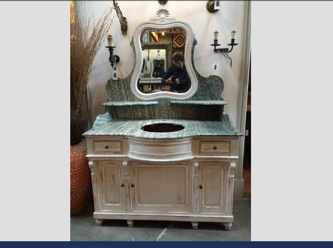 Lacquered 19th Century French Hand-Painted Cupboard Sink with Mirror and Marble Top. 1890s For Sale