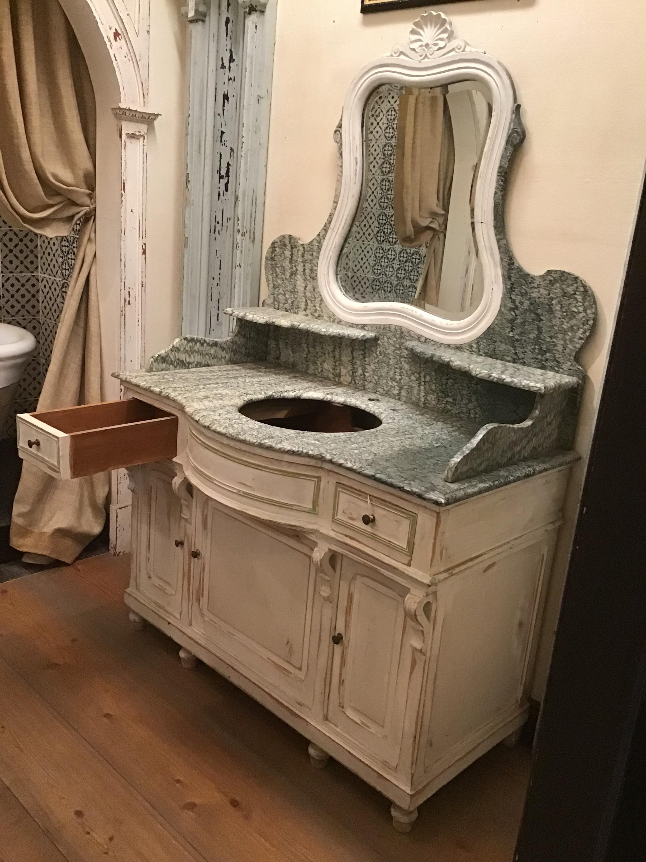 19th Century French Hand-Painted Cupboard Sink with Mirror and Marble Top. 1890s In Good Condition For Sale In Florence, IT