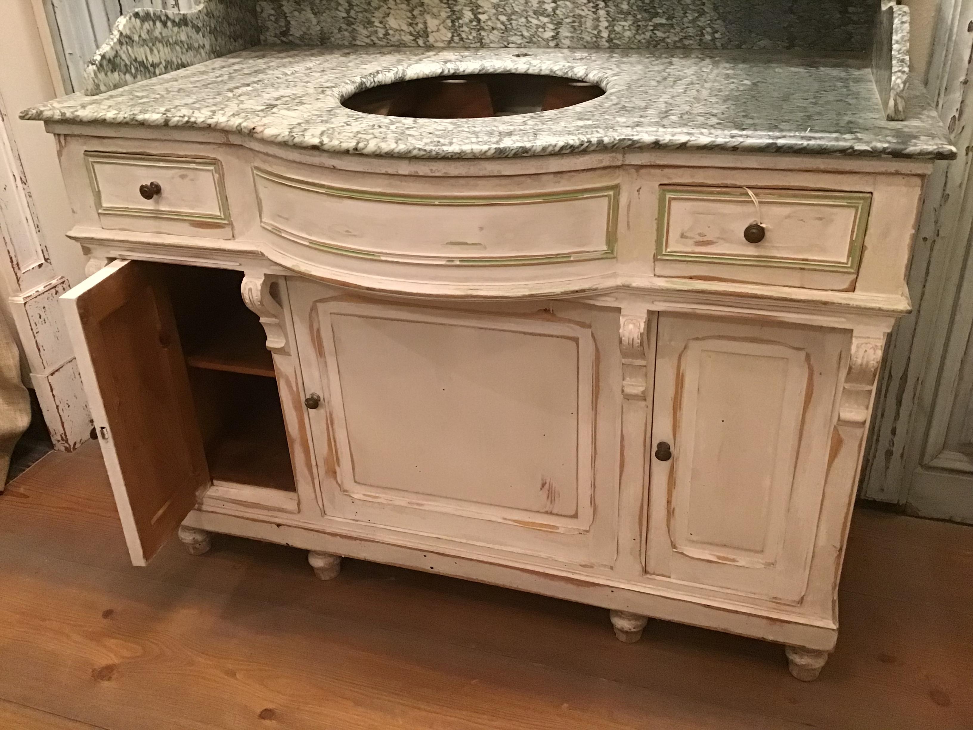 Late 19th Century 19th Century French Hand-Painted Cupboard Sink with Mirror and Marble Top. 1890s For Sale