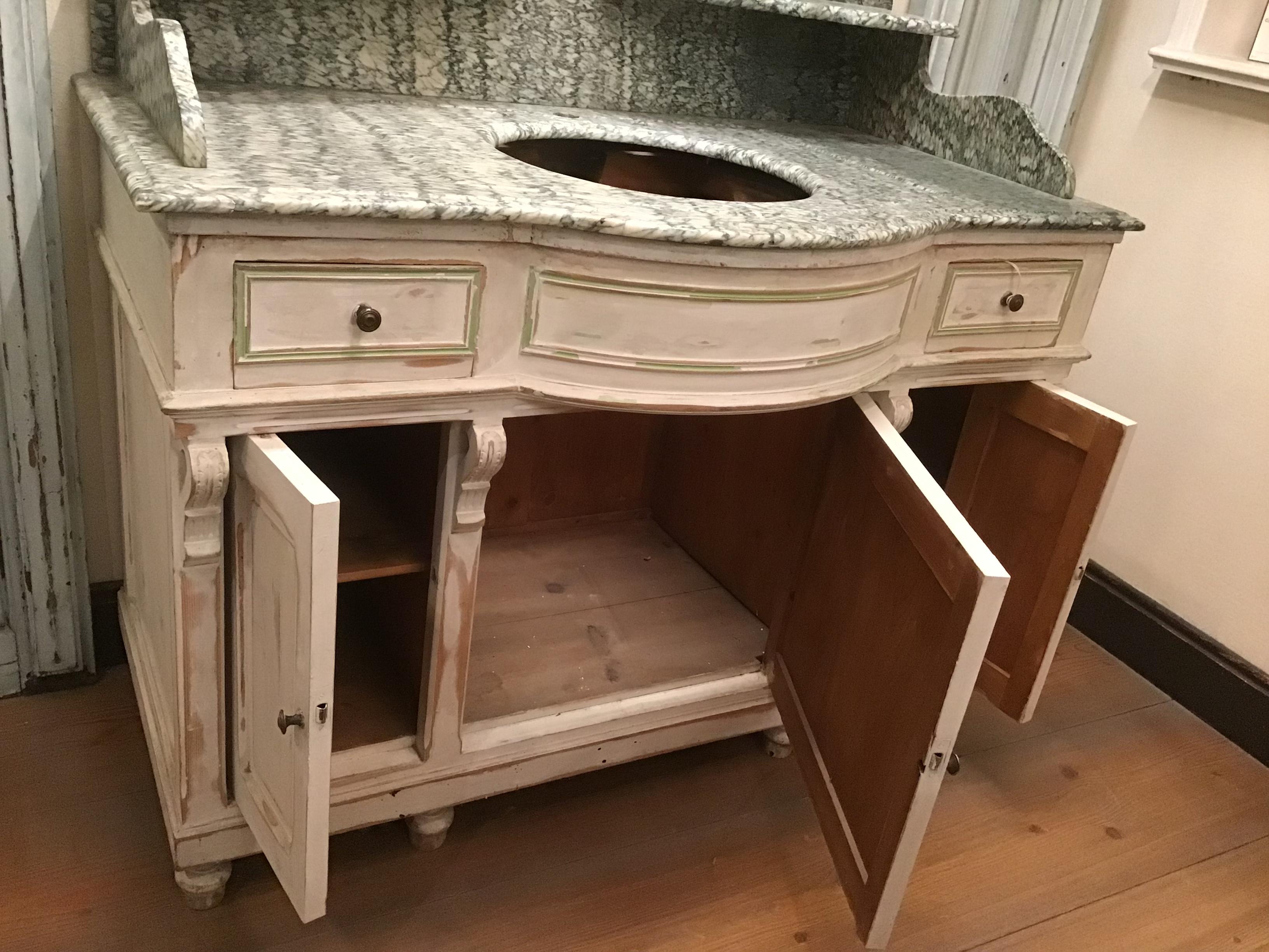 Wood 19th Century French Hand-Painted Cupboard Sink with Mirror and Marble Top. 1890s For Sale