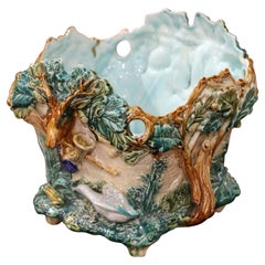 19th Century French Hand Painted Faience Barbotine Cachepot with Hunt Motifs