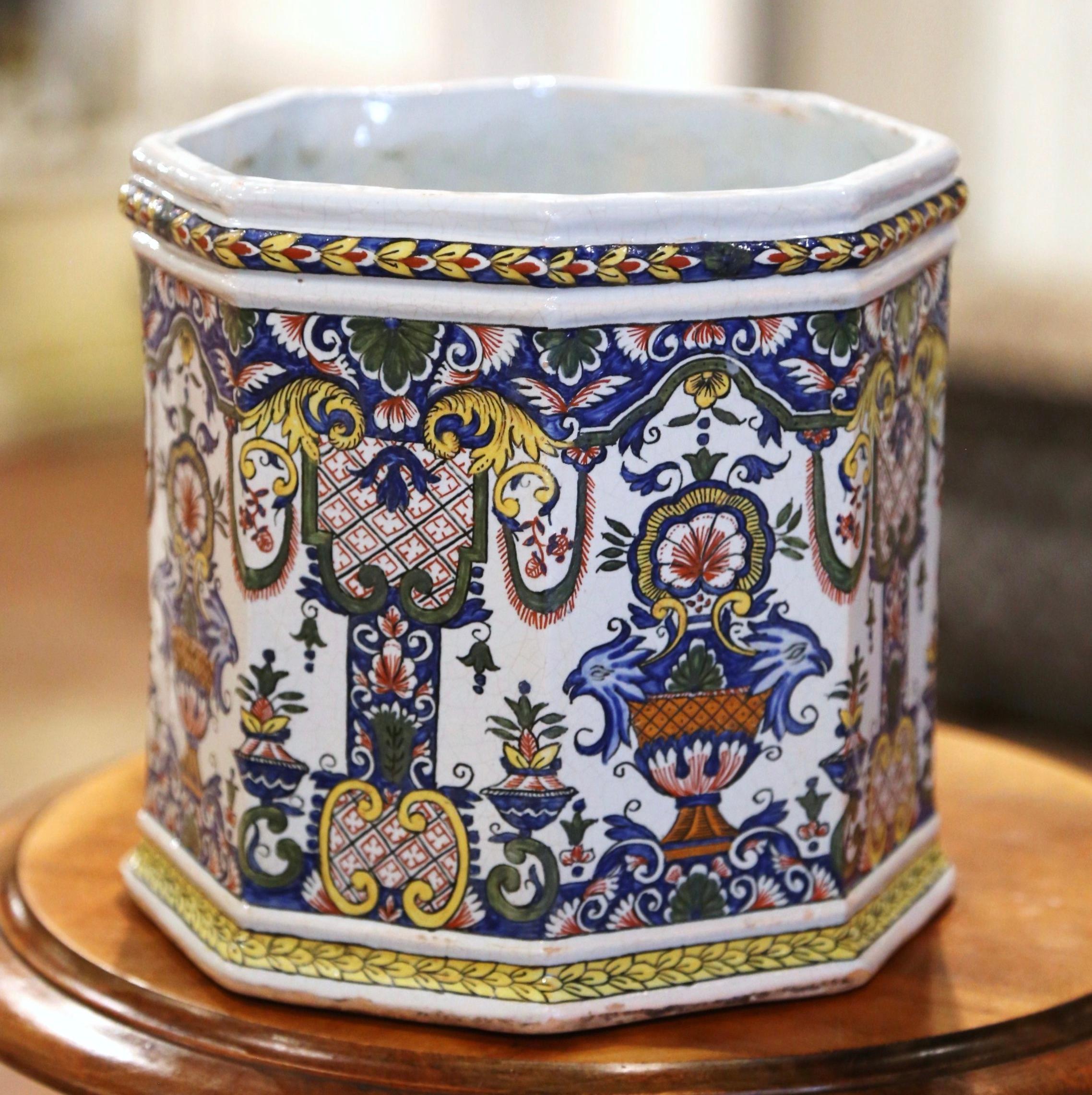 Ceramic 19th Century French Hand-Painted Faience Cache Pot from Desvres For Sale