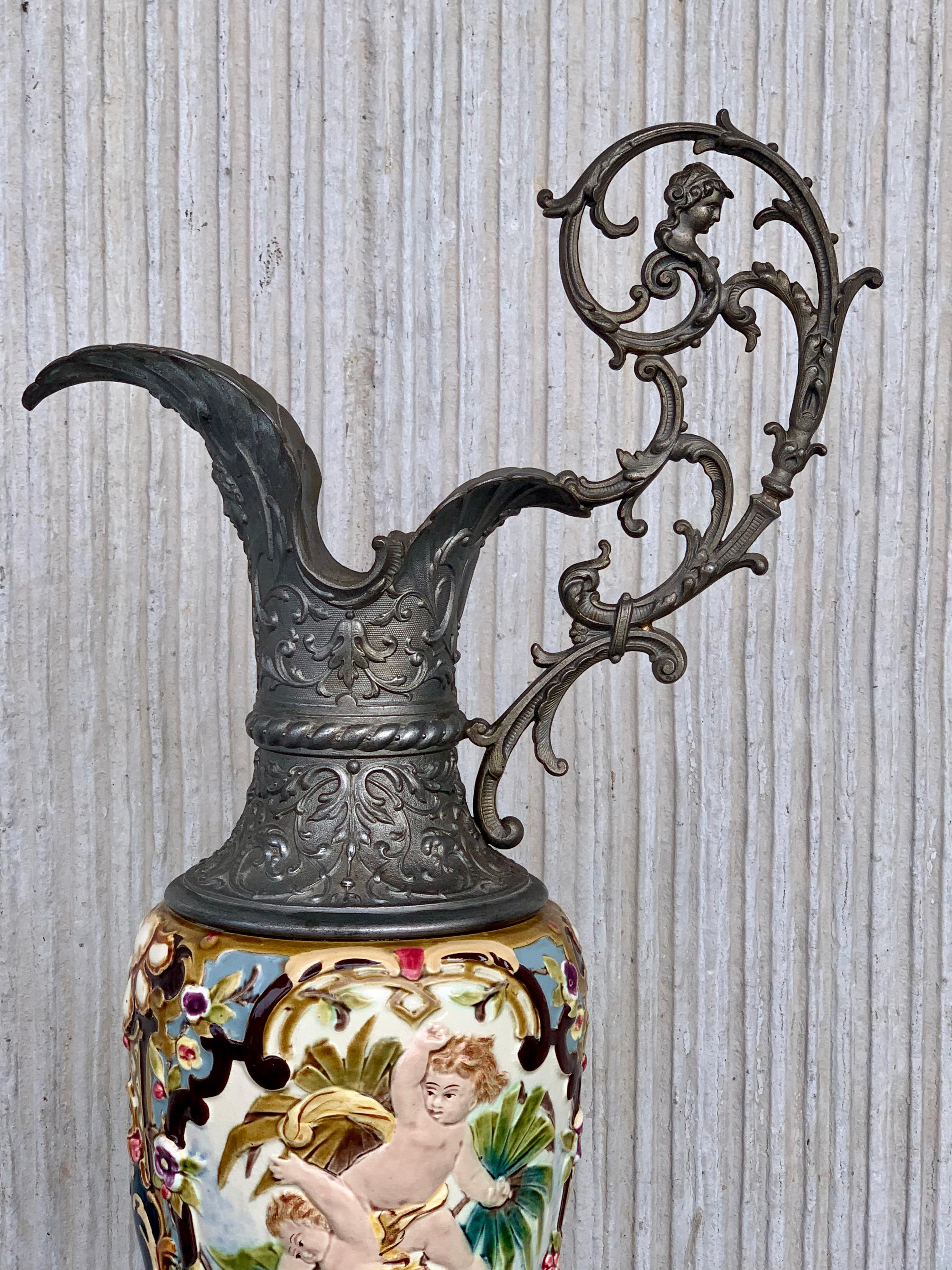 Metal 19th Century French Hand Painted Faience Ewer Vase For Sale