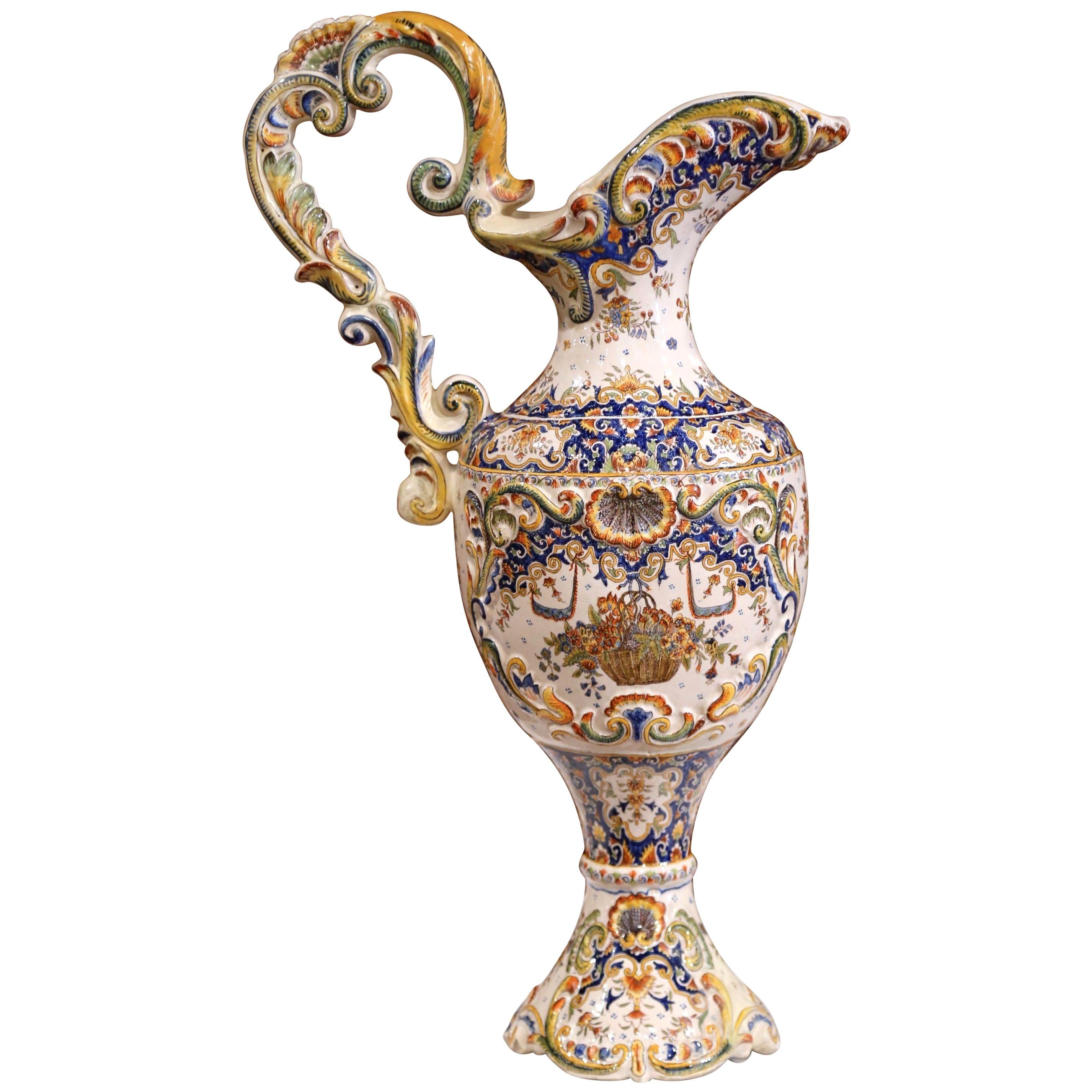 19th Century French Hand Painted Faience Ewer Vase from Normandy