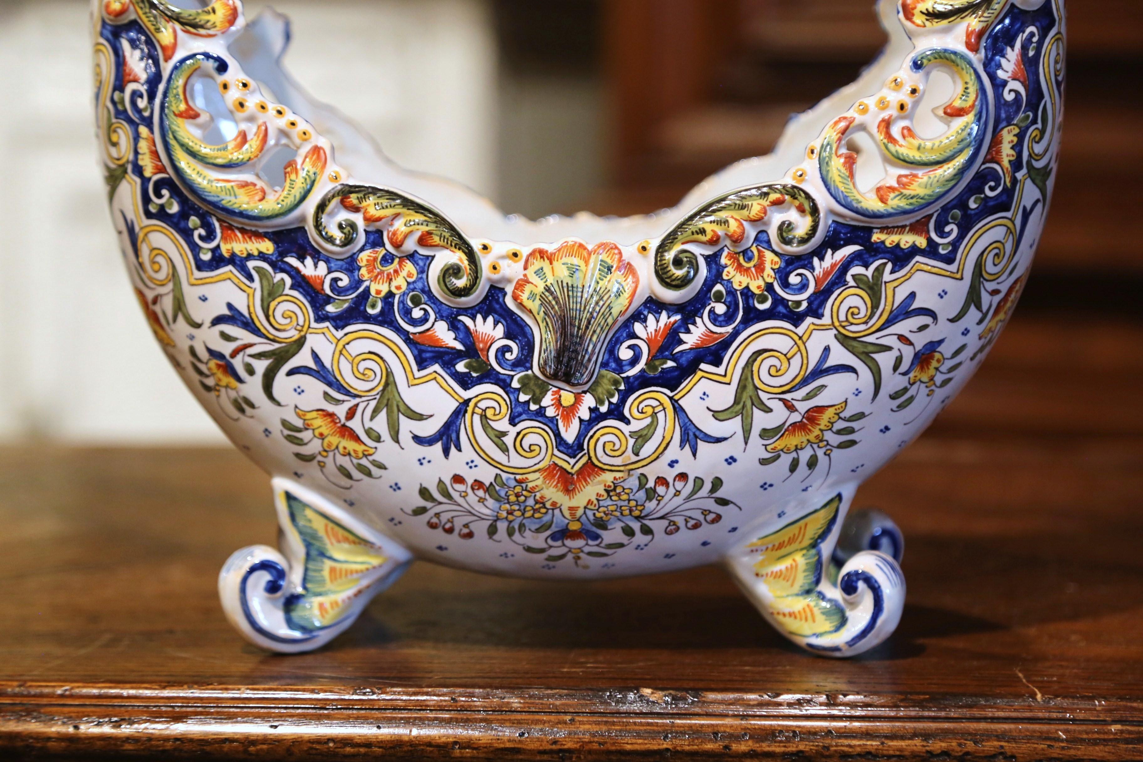 Hand-Crafted 19th Century French Hand Painted Faience Jardinière from Normandy
