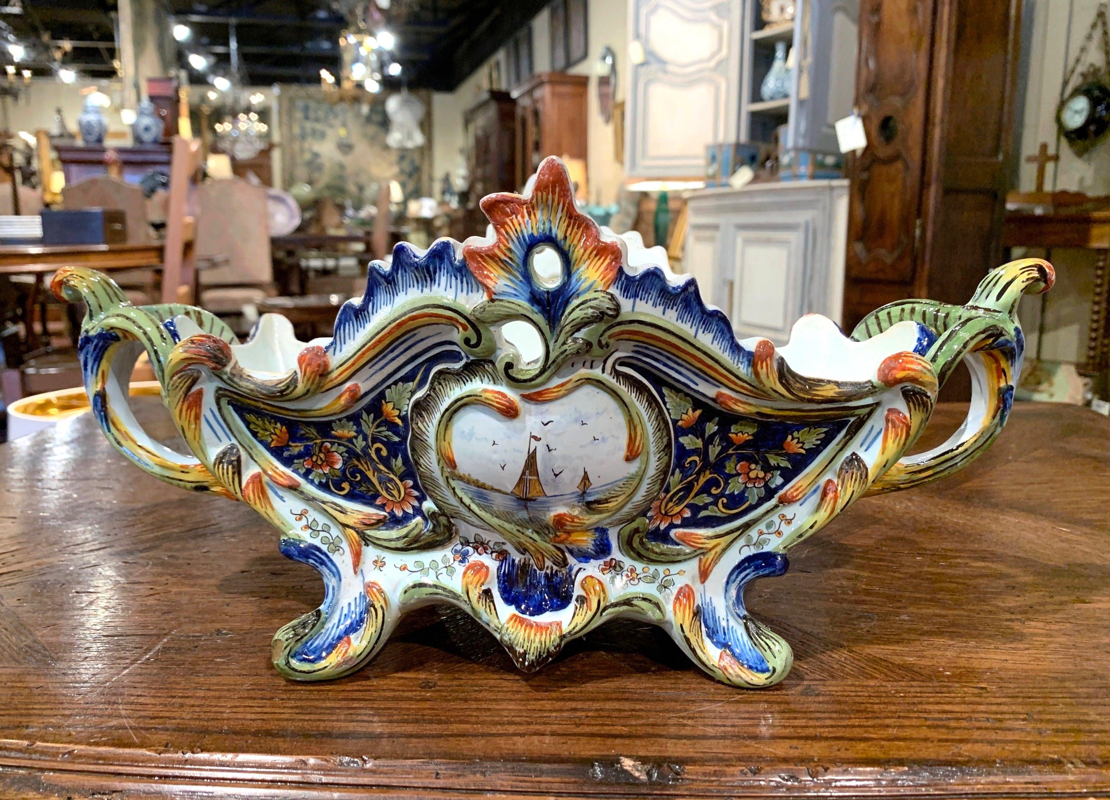 Hand-Crafted 19th Century French Hand Painted Faience Jardinière from Normandy For Sale