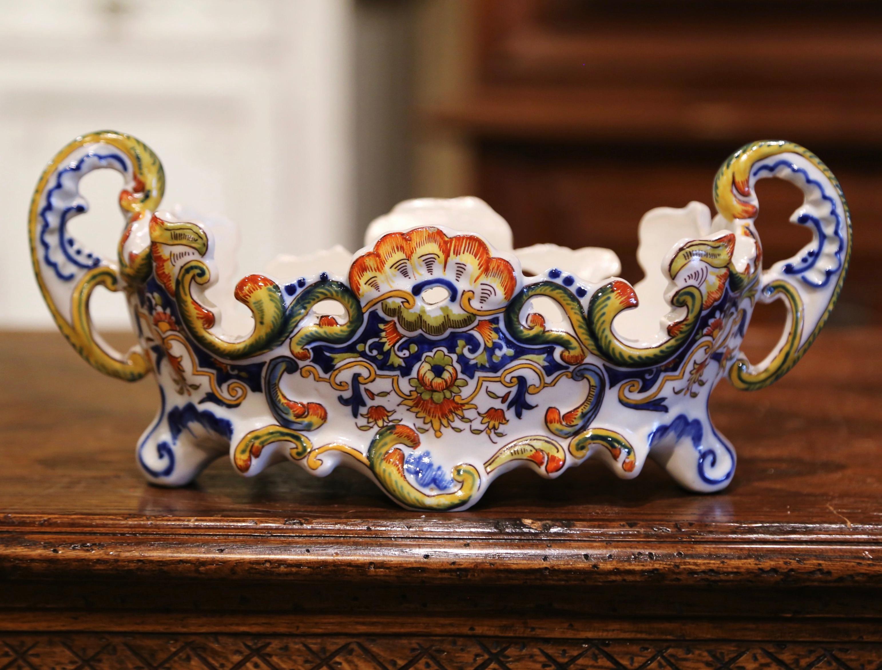19th Century French Hand Painted Faience Jardinière from Normandy In Excellent Condition In Dallas, TX