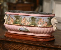 19th Century French Hand Painted Faience Jardinière on Wood Base with Zinc Tray