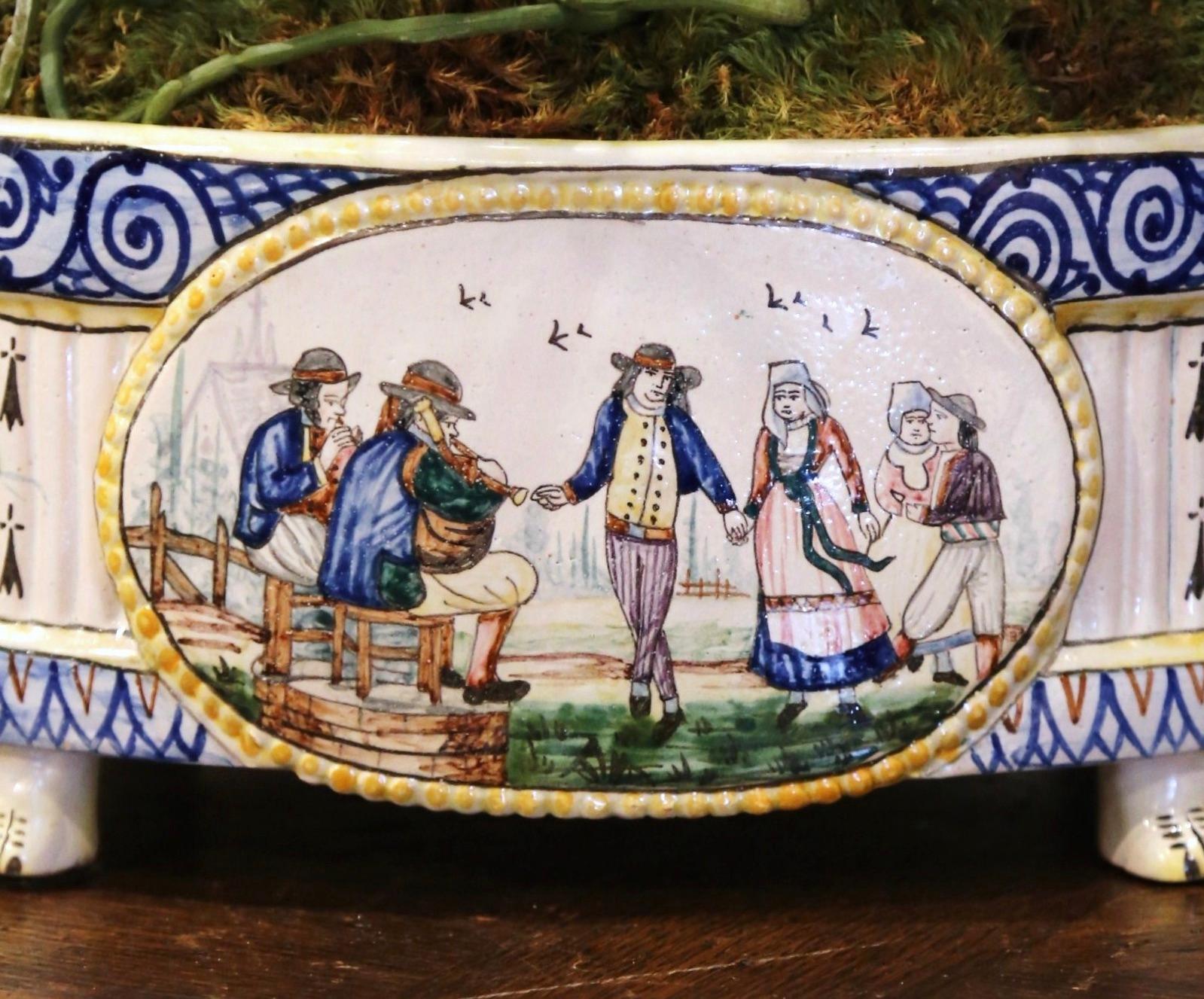Hand-Crafted 19th Century French Hand Painted Faience Jardinière Signed HB Quimper