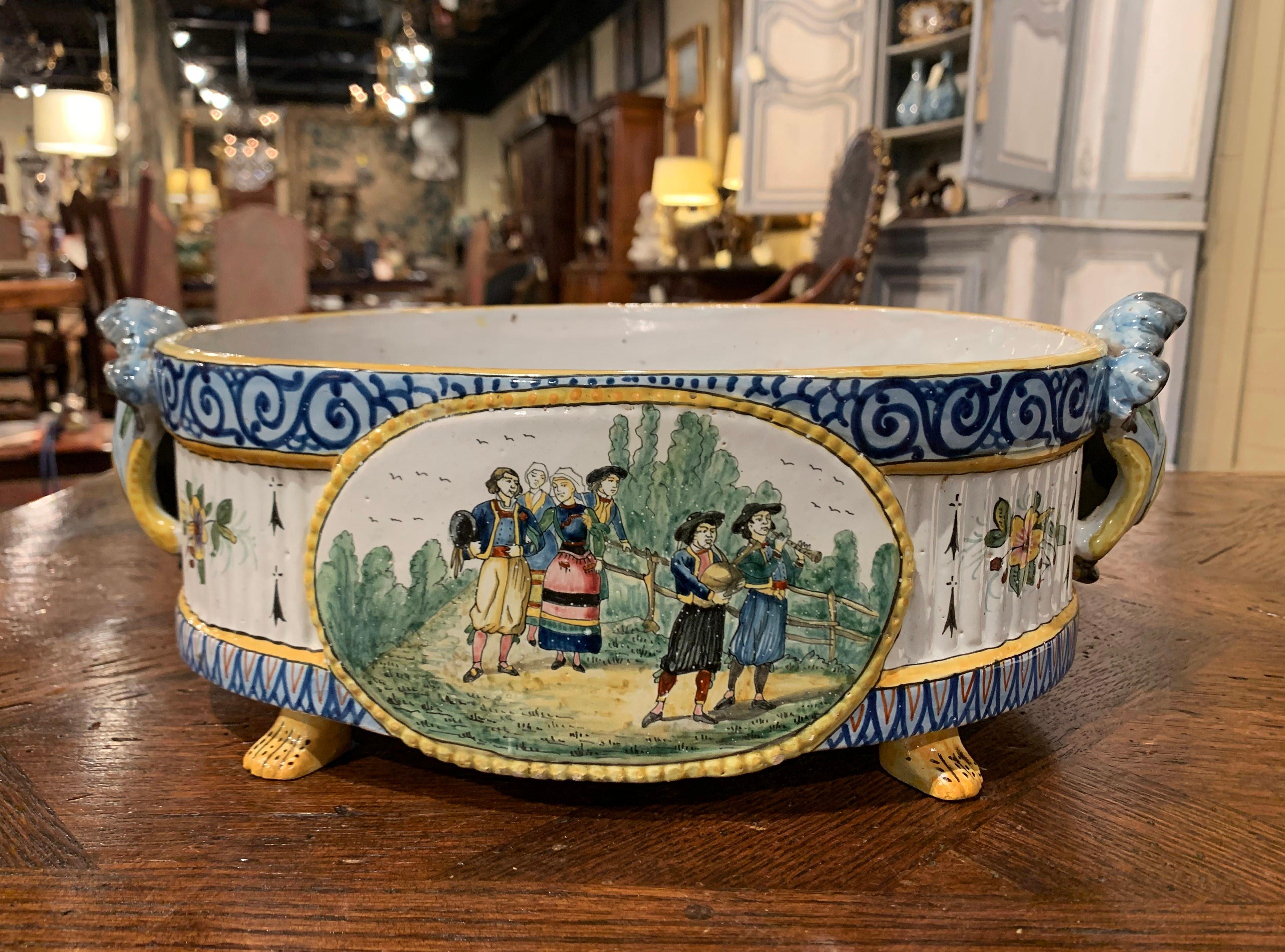 19th Century French Hand Painted Faience Jardinière Signed HB Quimper In Excellent Condition In Dallas, TX