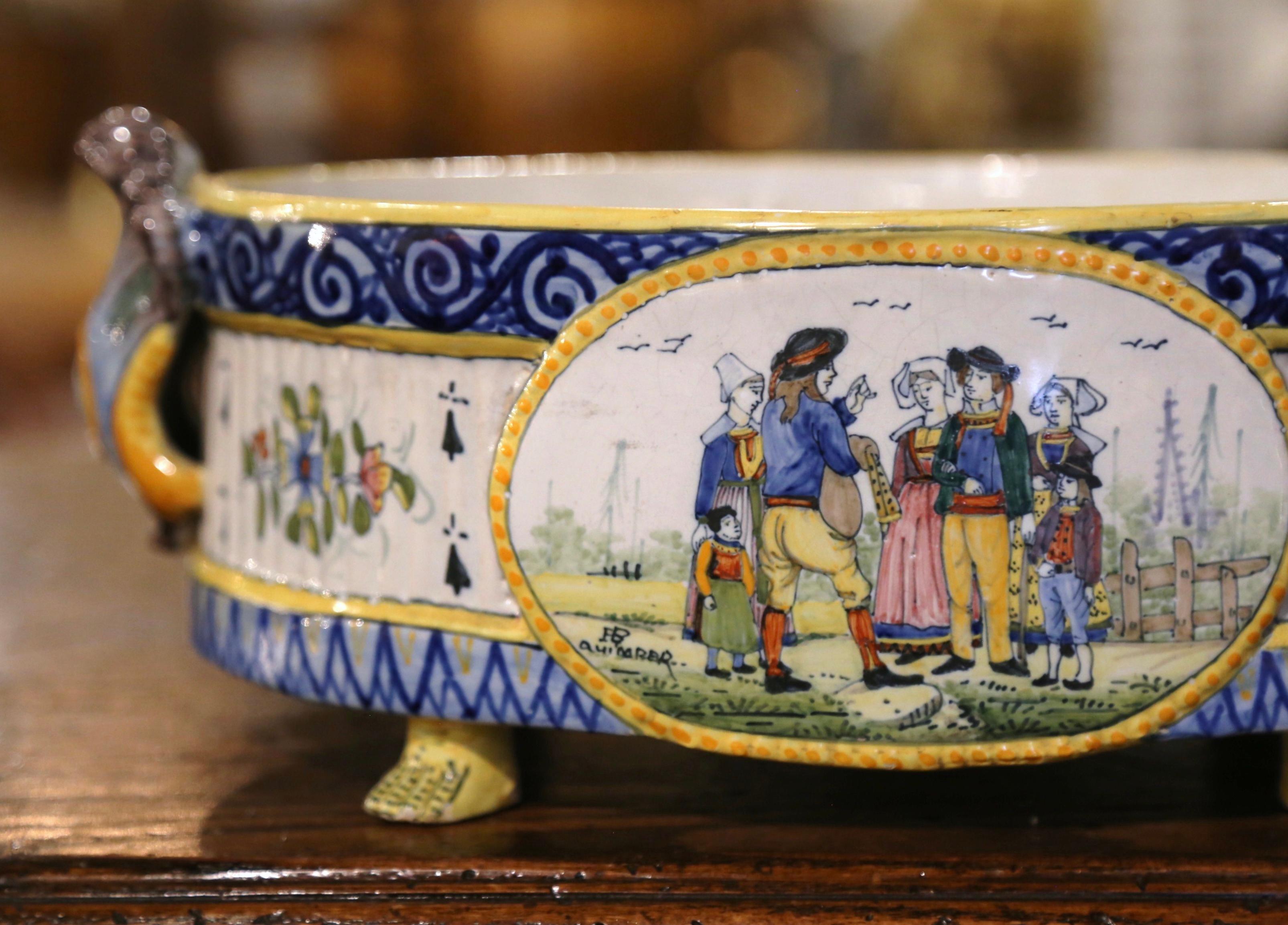 19th Century French Hand Painted Faience Jardinière Signed HB Quimper In Excellent Condition In Dallas, TX