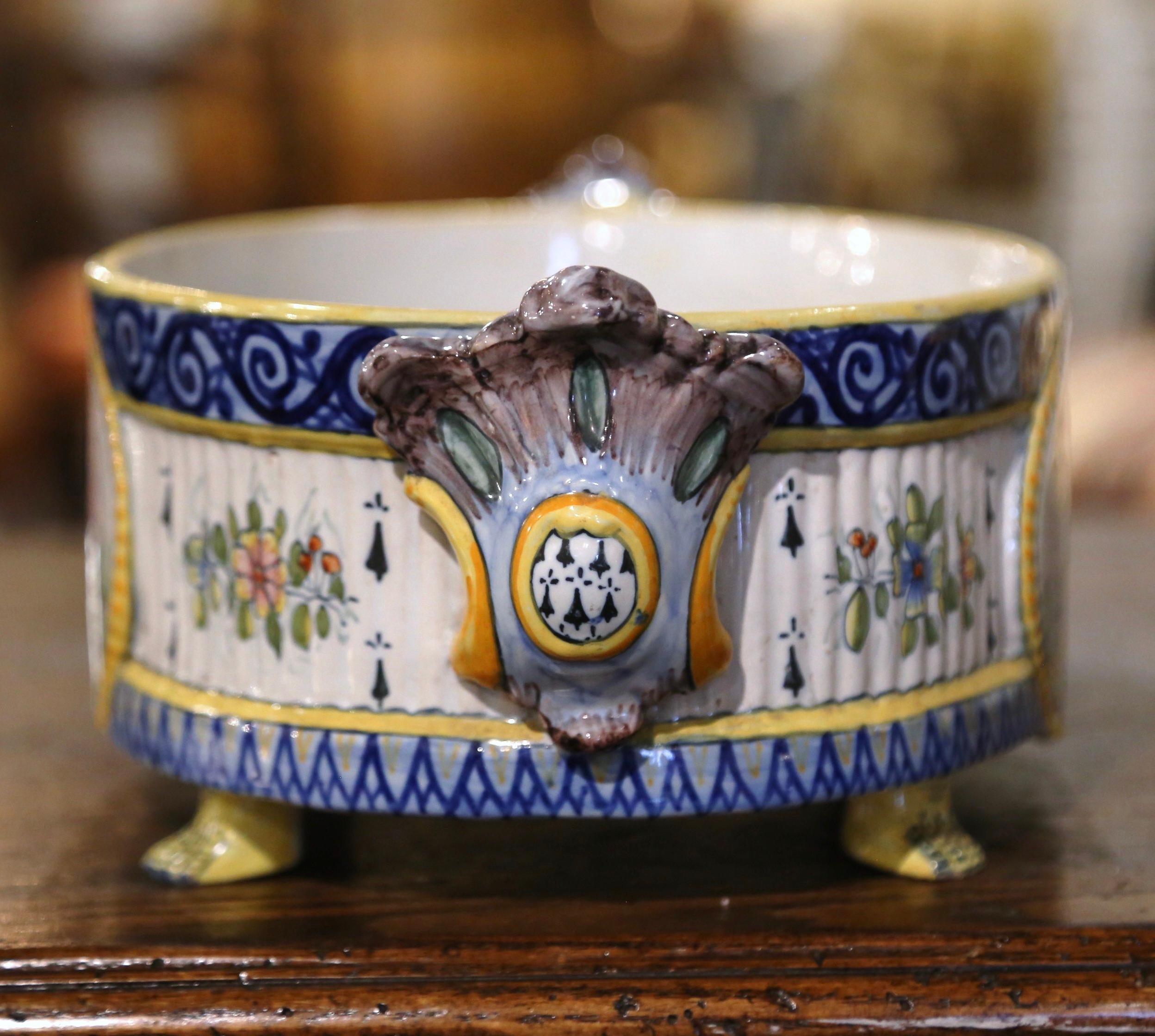 19th Century French Hand Painted Faience Jardinière Signed HB Quimper 1