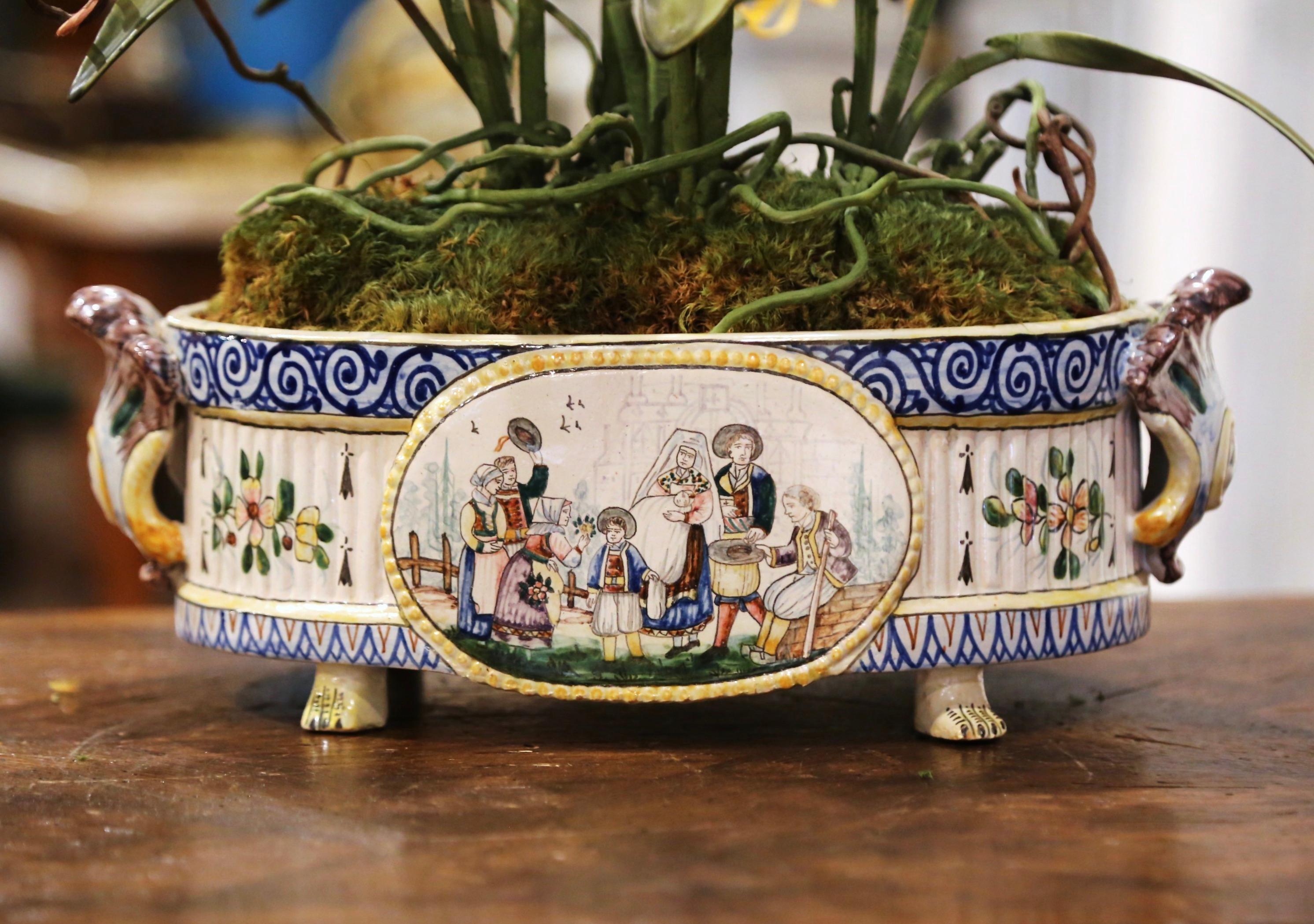 19th Century French Hand Painted Faience Jardinière Signed HB Quimper 2