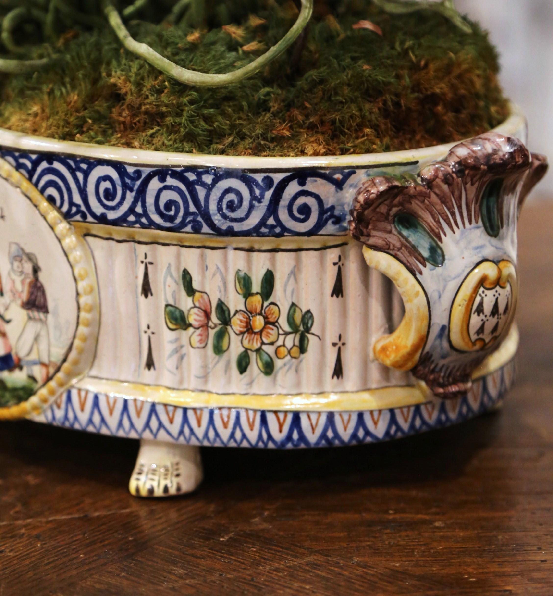 19th Century French Hand Painted Faience Jardinière Signed HB Quimper 4