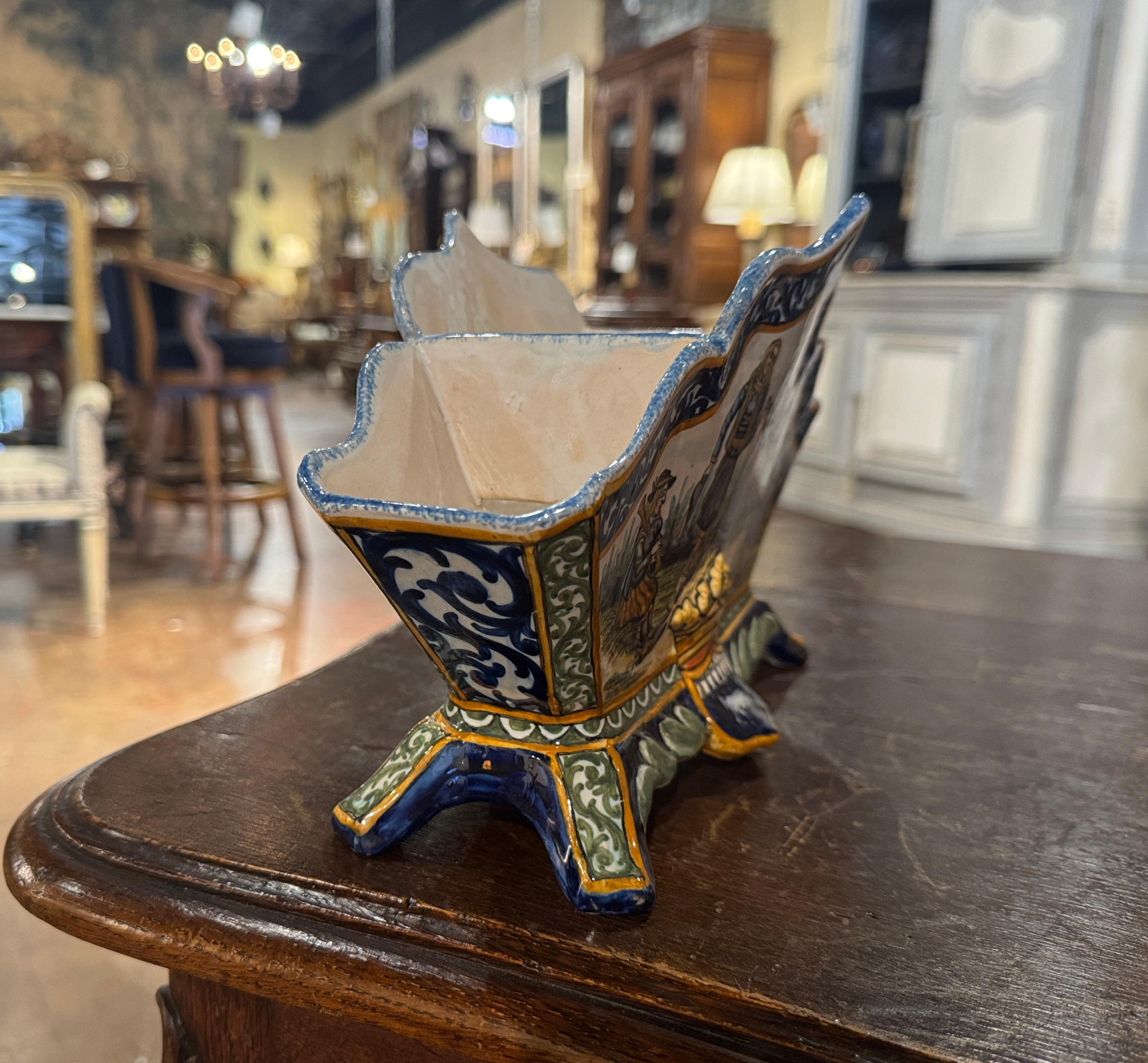 Hand-Crafted 19th Century French Hand Painted Faience Jardiniere Signed Henriot Quimper For Sale