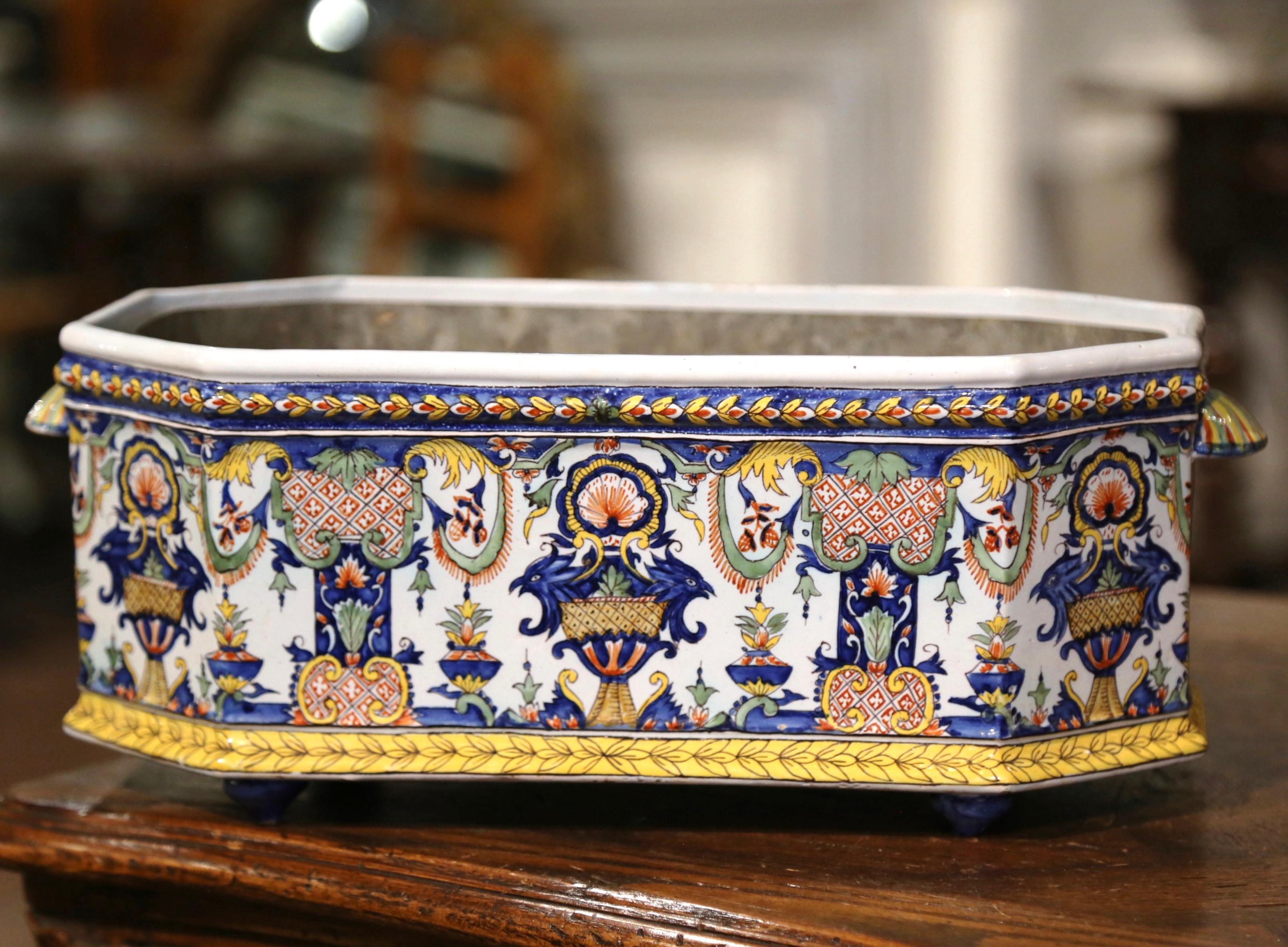 19th Century French Hand-Painted Faience Jardiniere with Tole Liner from Desvres 5