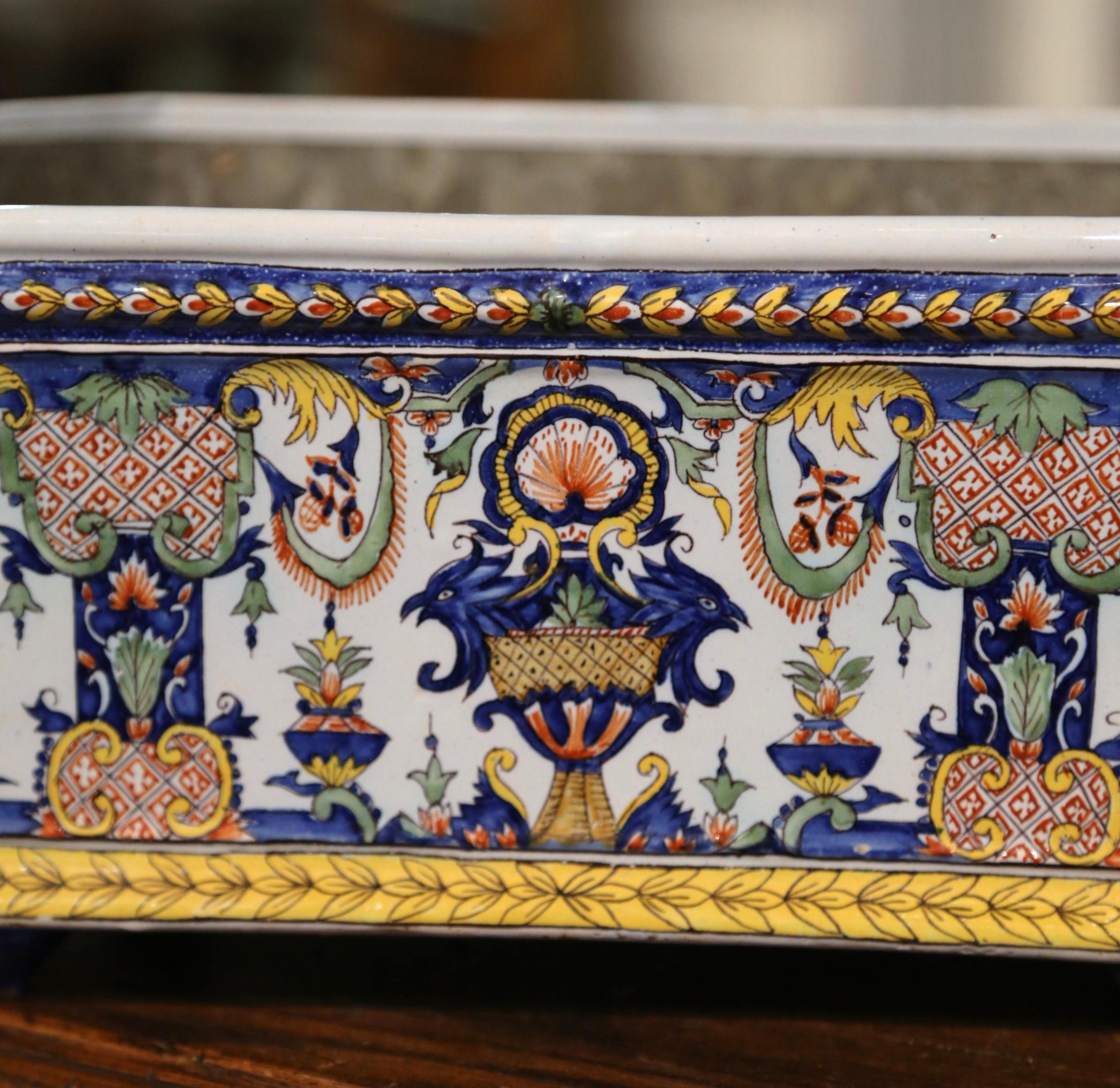 19th Century French Hand-Painted Faience Jardiniere with Tole Liner from Desvres 6