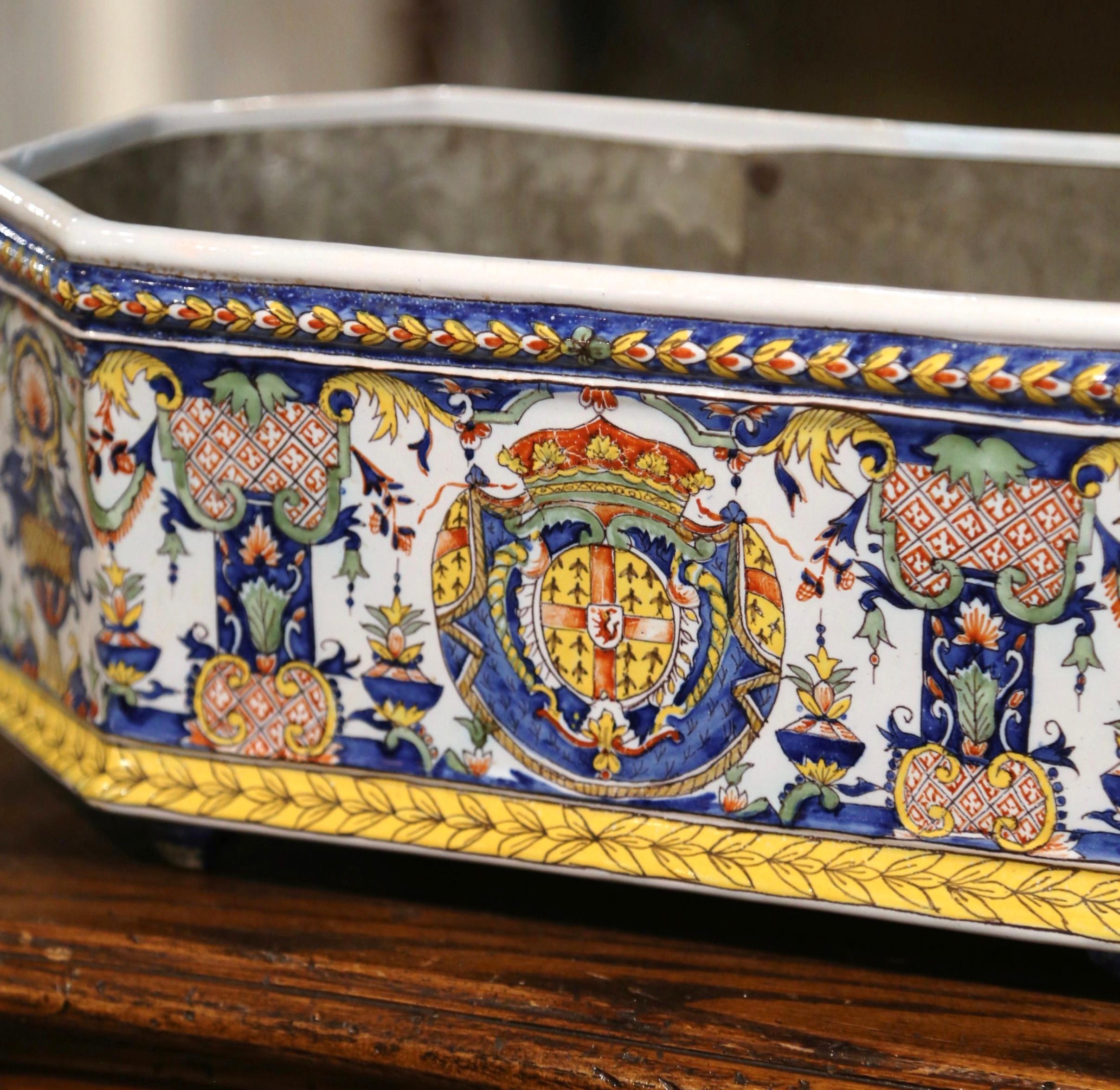 Hand-Crafted 19th Century French Hand-Painted Faience Jardiniere with Tole Liner from Desvres