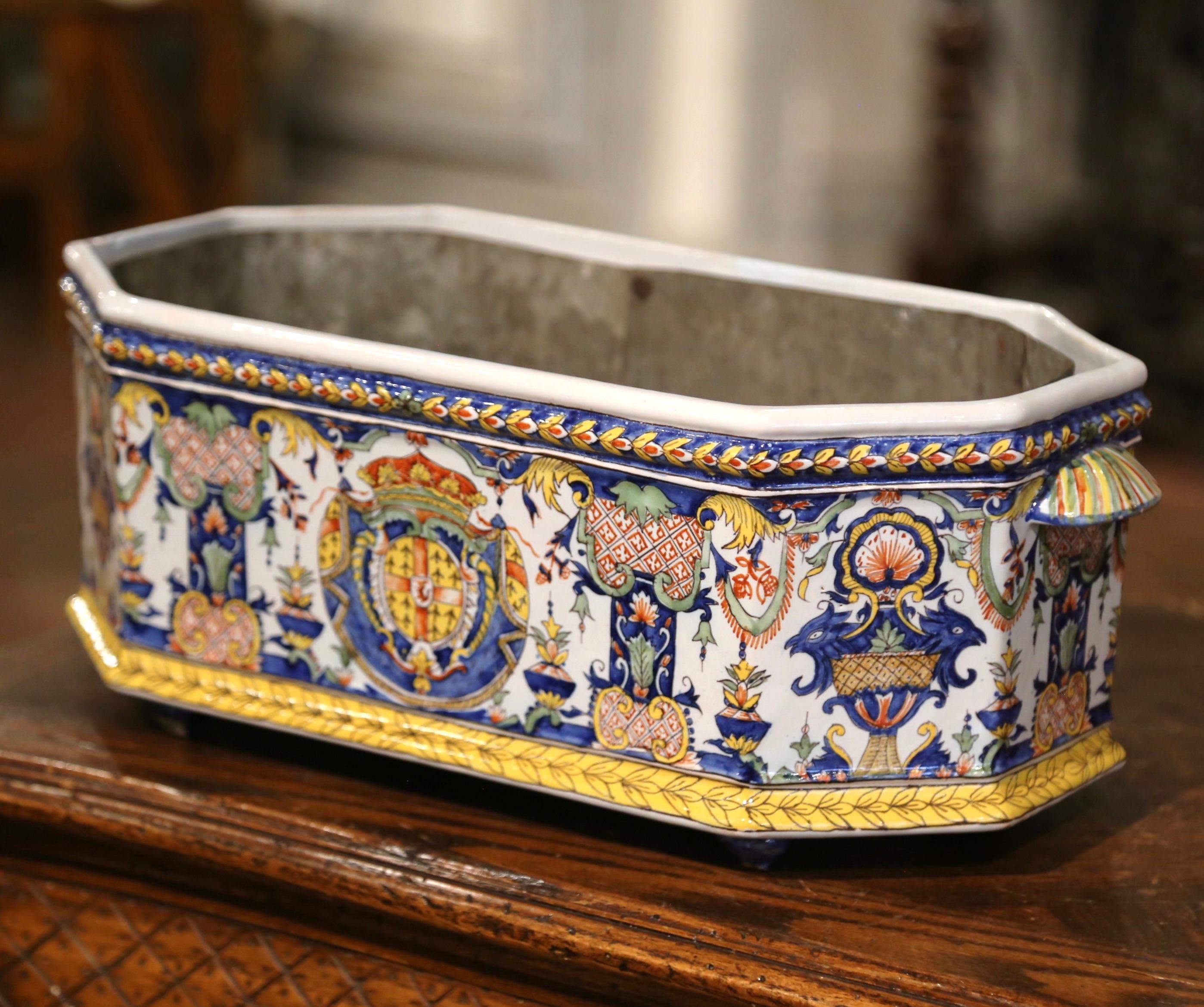 19th Century French Hand-Painted Faience Jardiniere with Tole Liner from Desvres In Excellent Condition In Dallas, TX