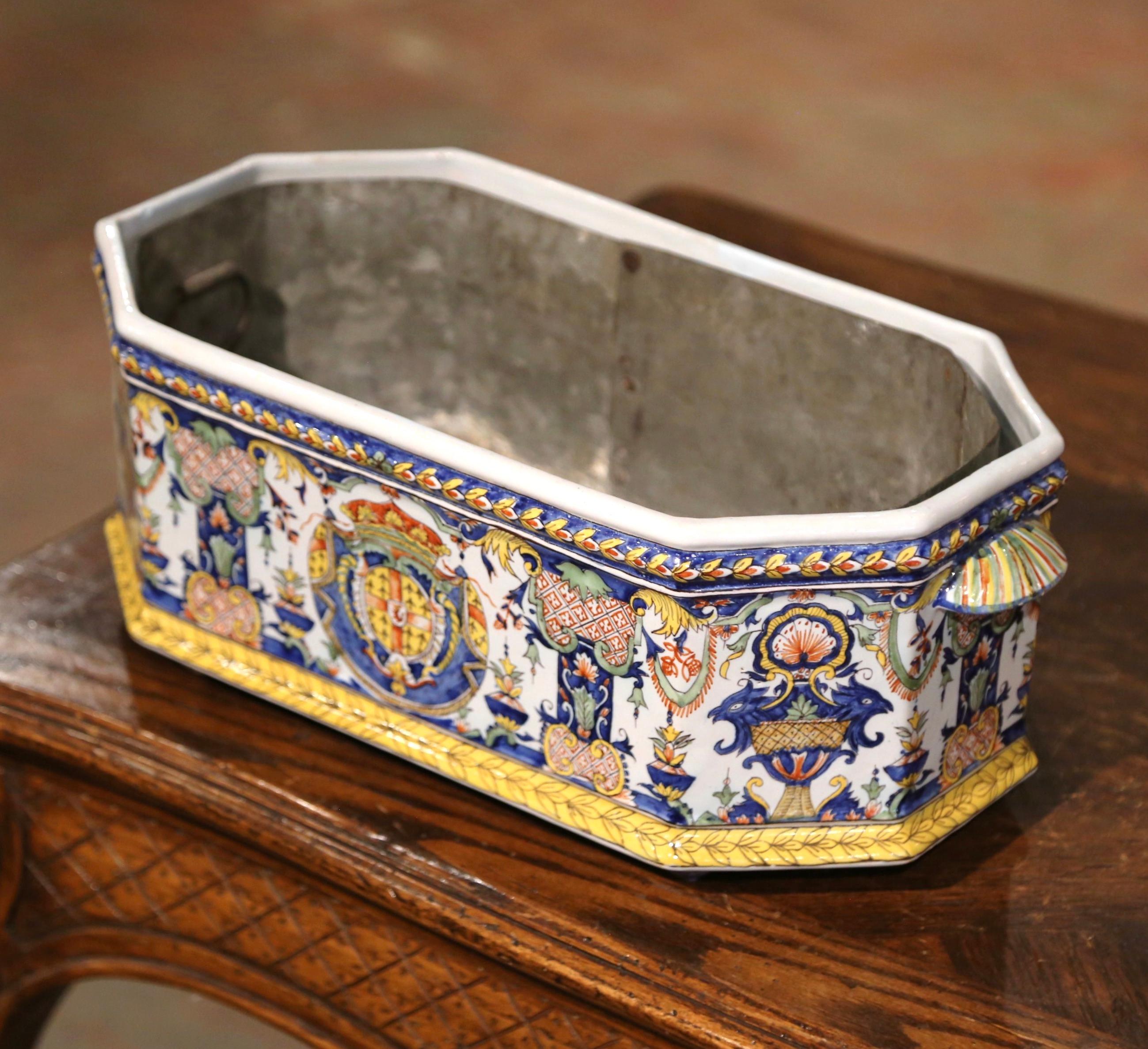 19th Century French Hand-Painted Faience Jardiniere with Tole Liner from Desvres 1