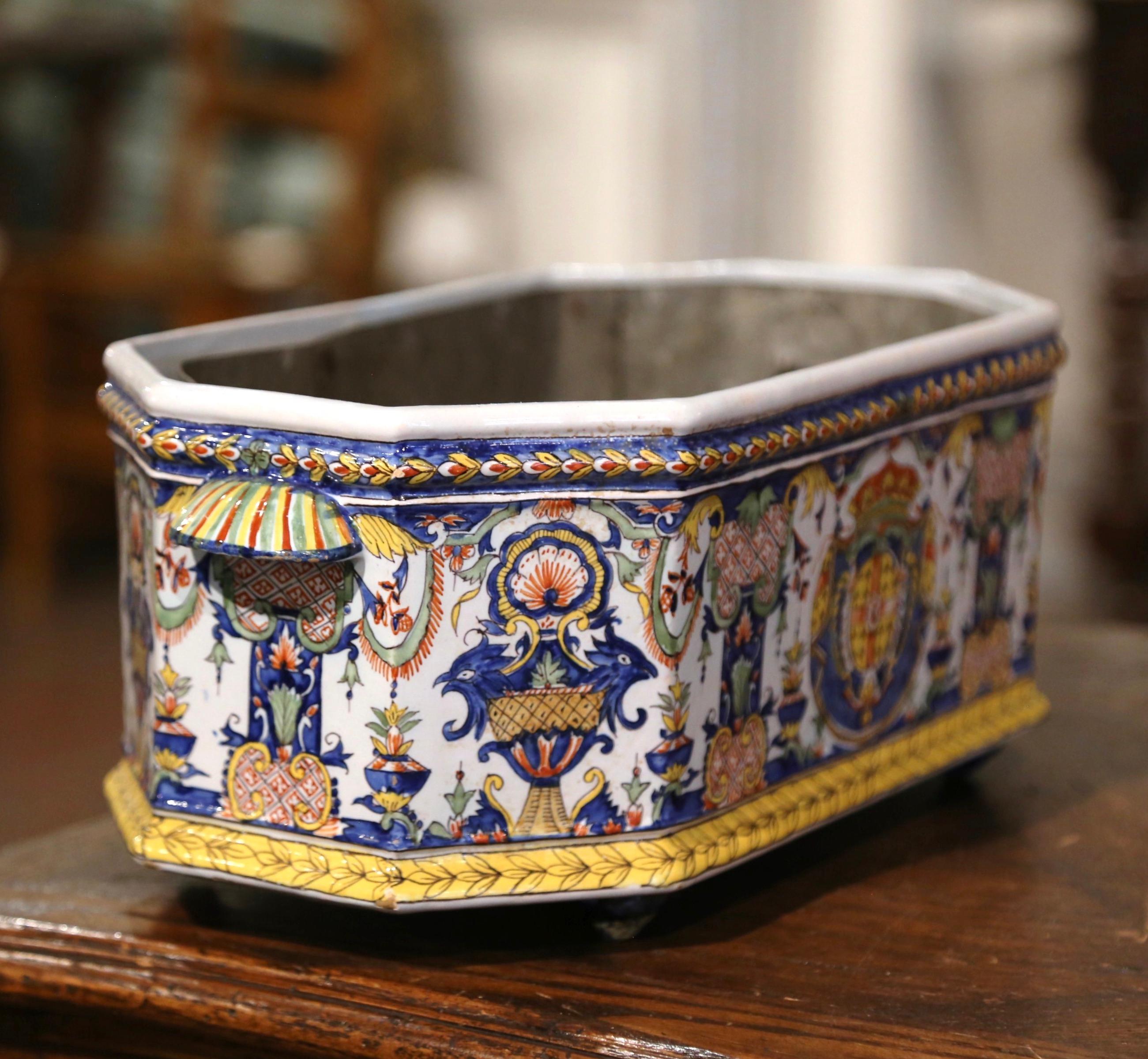 19th Century French Hand-Painted Faience Jardiniere with Tole Liner from Desvres 4