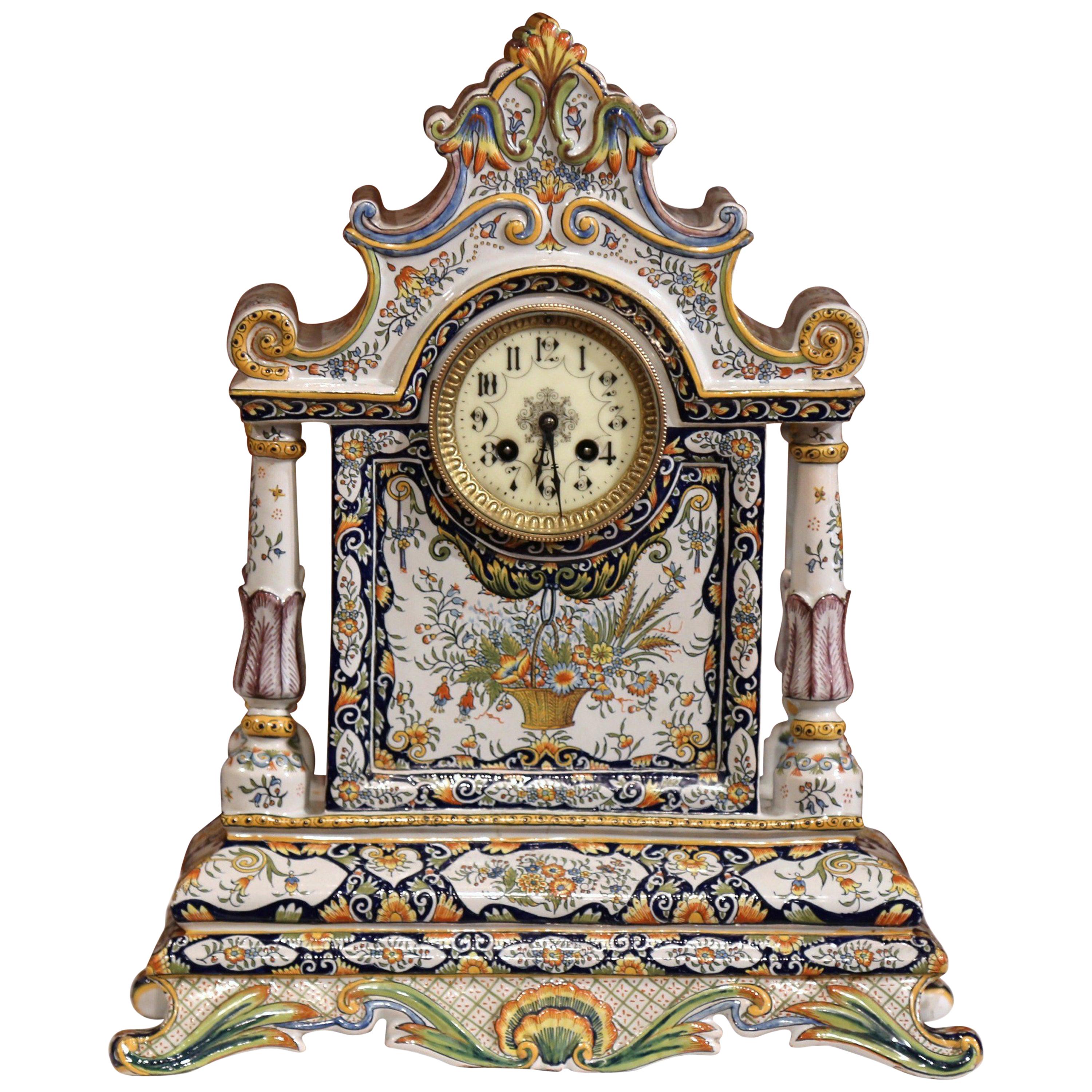 19th Century French Hand Painted Faience Mantel Clock from Rouen
