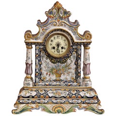 Antique 19th Century French Hand Painted Faience Mantel Clock from Rouen