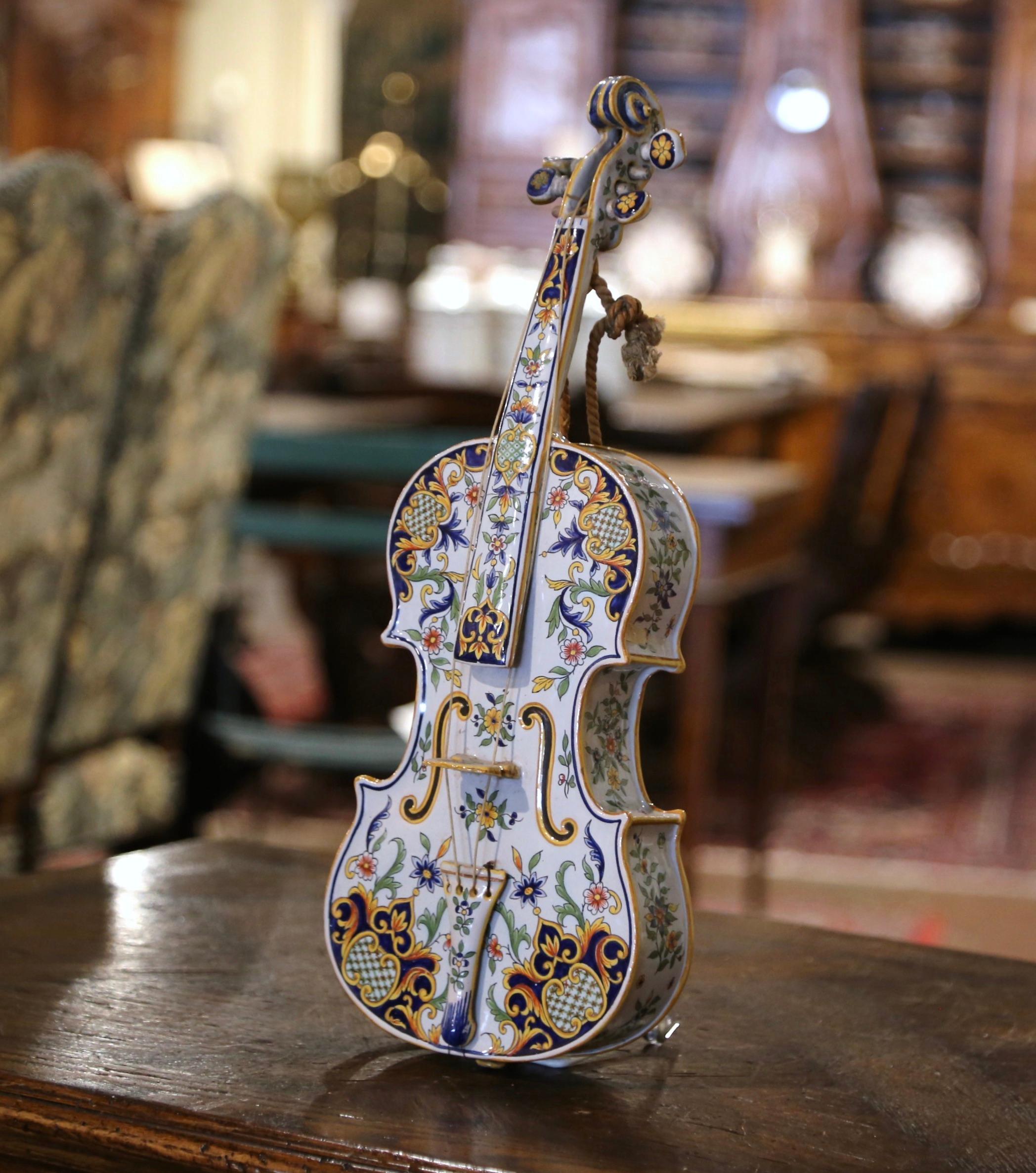 19th Century French Hand-Painted Faience Miniature Violin  In Excellent Condition In Dallas, TX