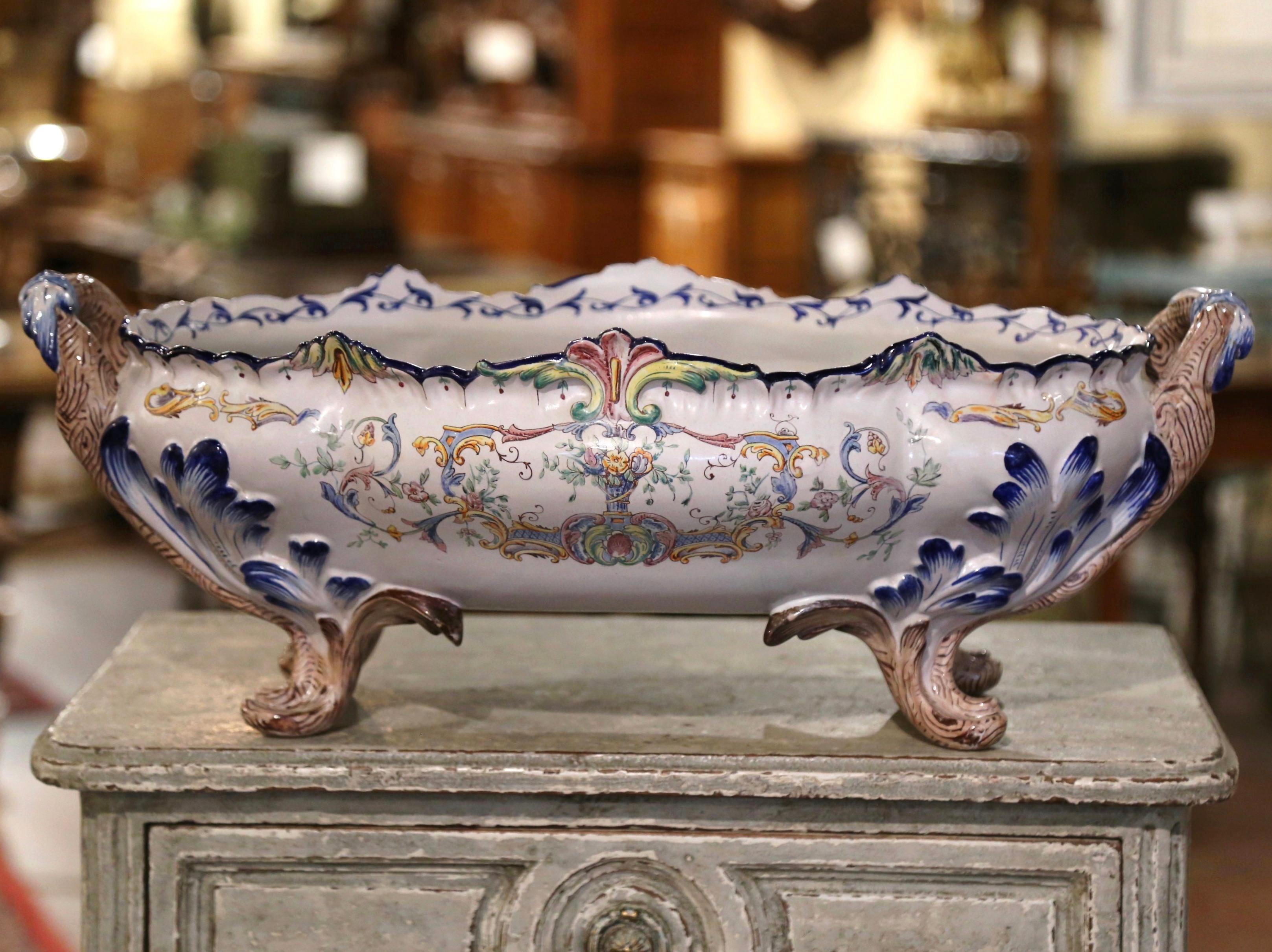 19th Century French Hand Painted Faience Oblong Jardinière with Floral Motifs In Excellent Condition In Dallas, TX