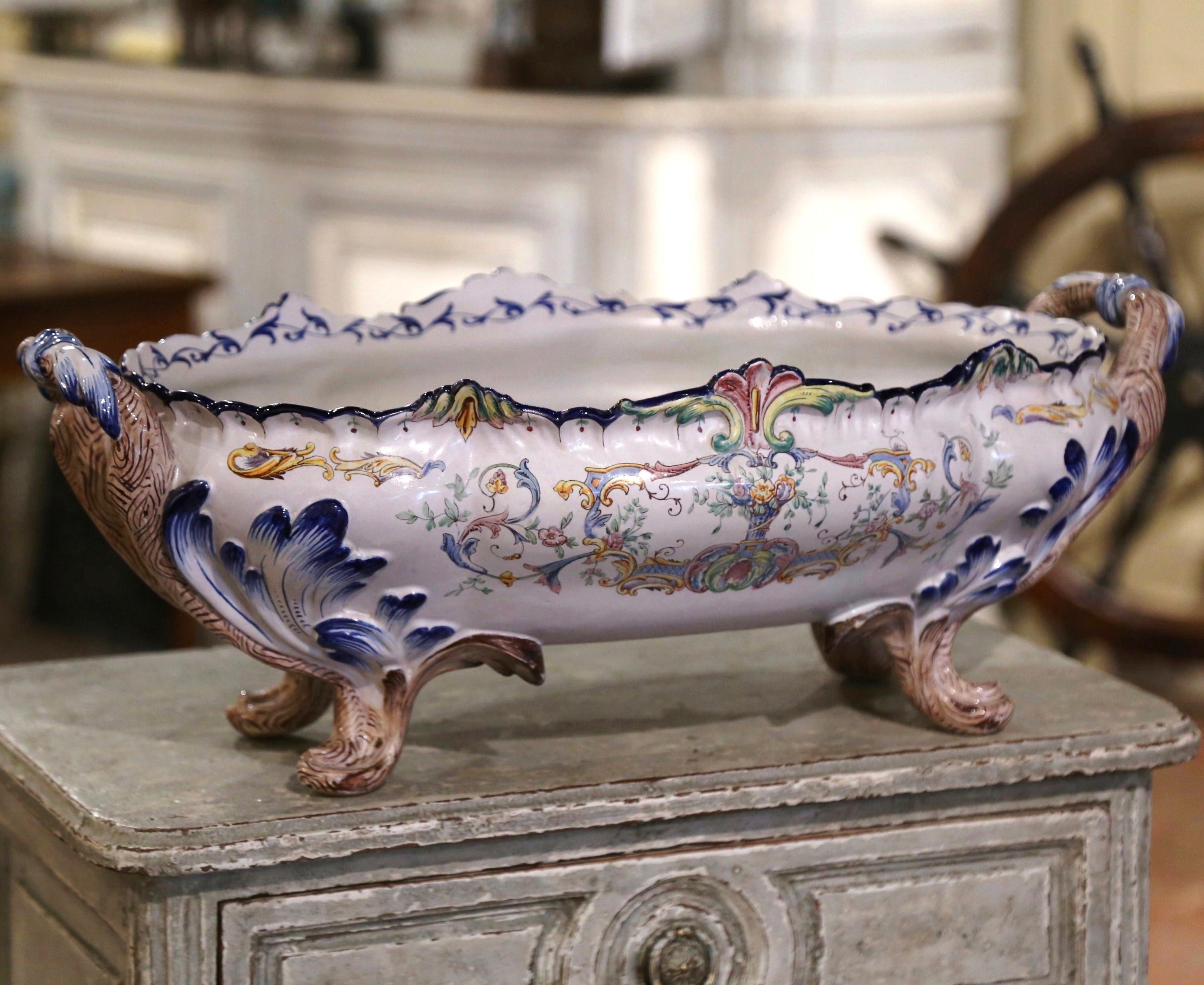 19th Century French Hand Painted Faience Oblong Jardinière with Floral Motifs 1