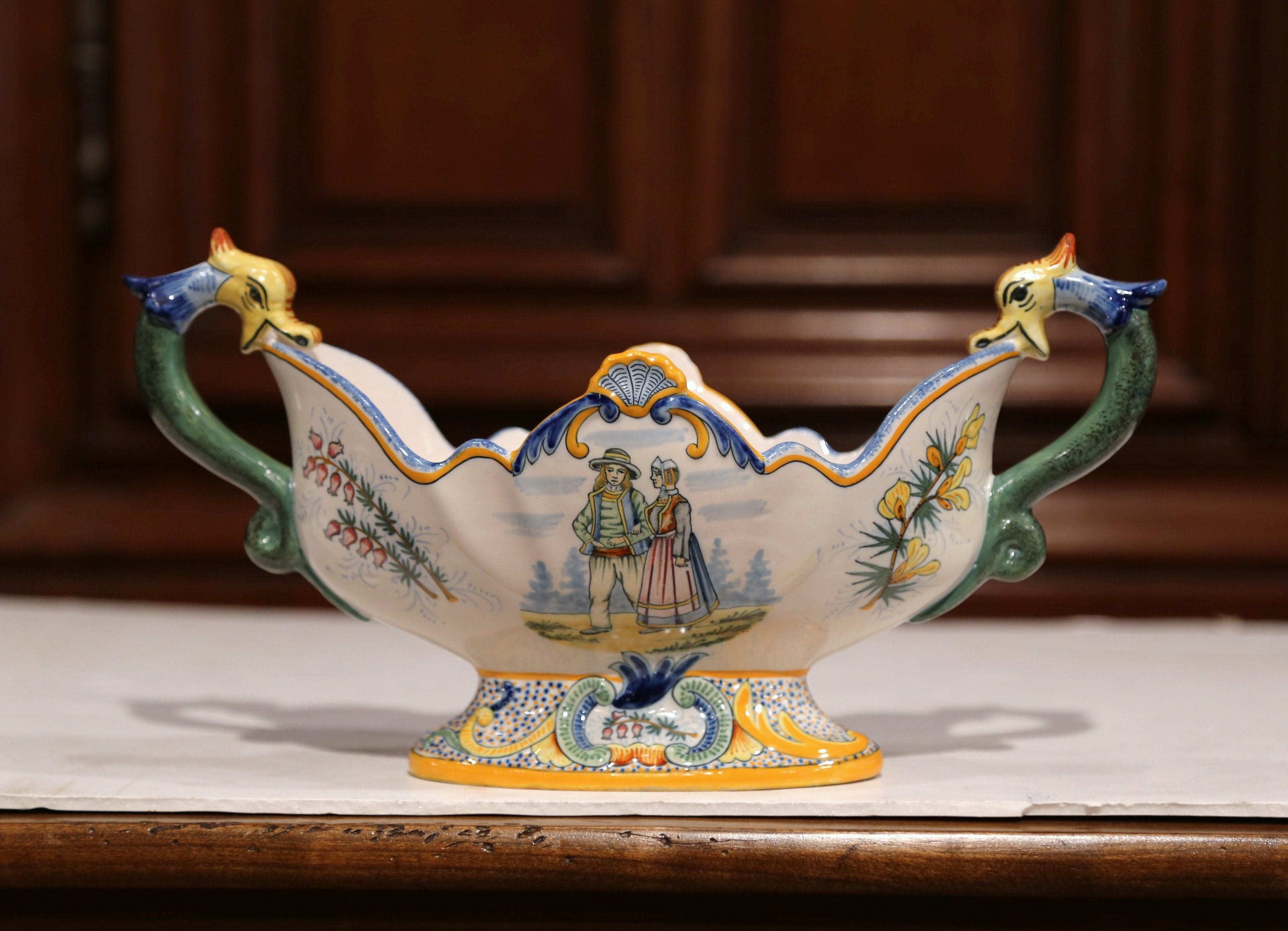Hand-Painted 19th Century French Hand Painted Faience Oval Jardinière Signed Henriot Quimper
