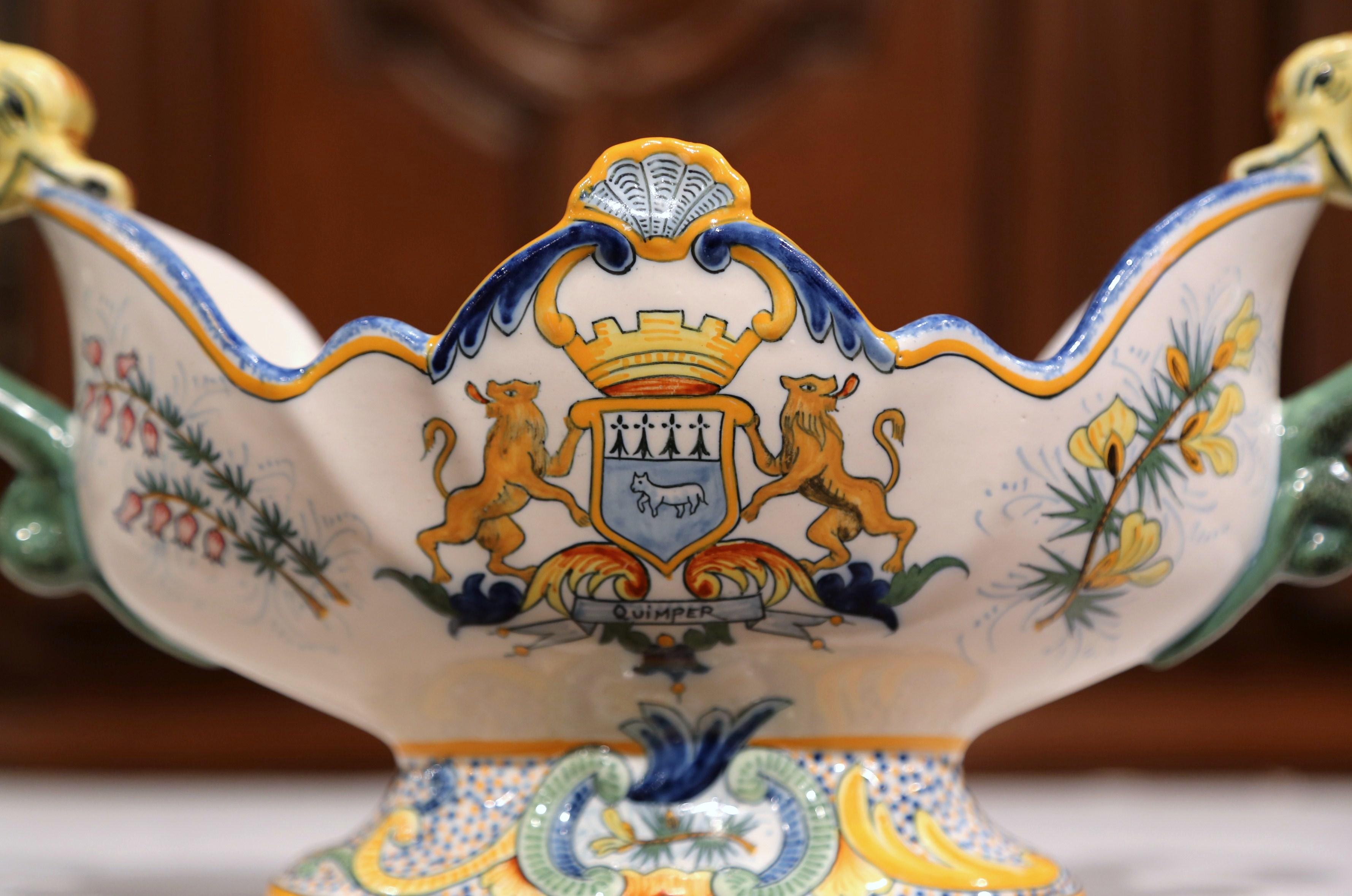 19th Century French Hand Painted Faience Oval Jardinière Signed Henriot Quimper In Excellent Condition In Dallas, TX
