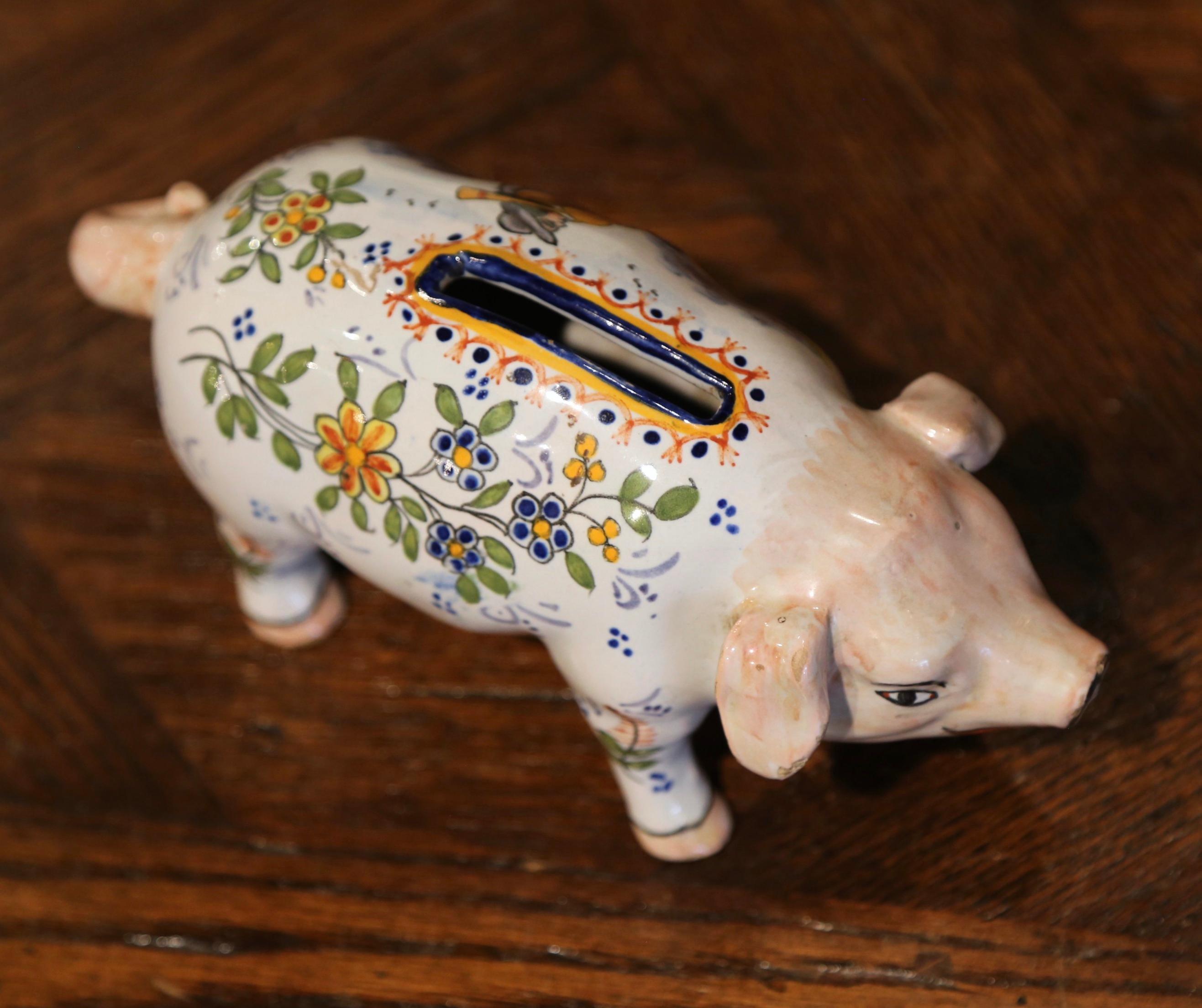 19th Century French Hand Painted Faience Piggy Bank Signed HB Quimper 4