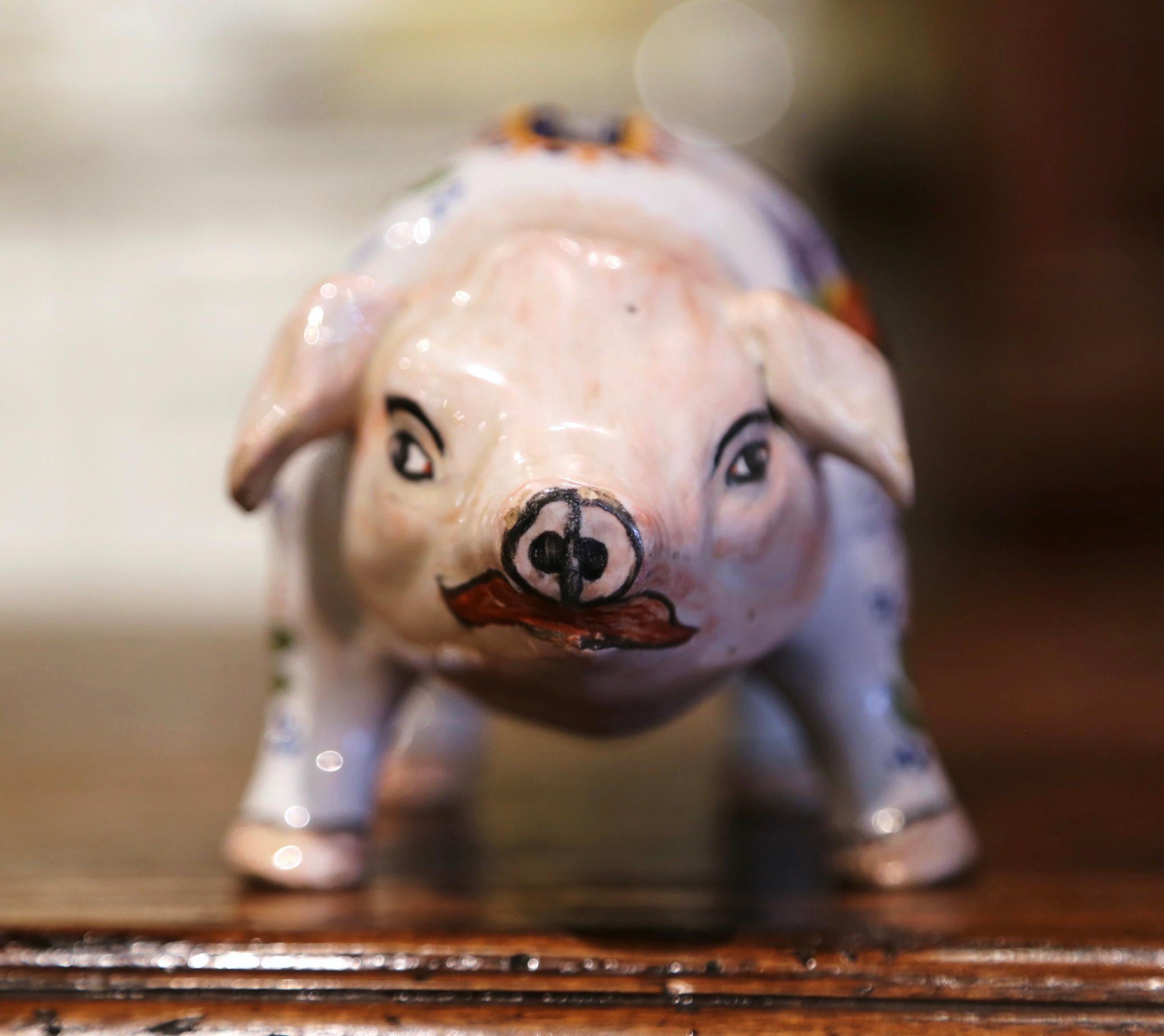 19th Century French Hand Painted Faience Piggy Bank Signed HB Quimper 6