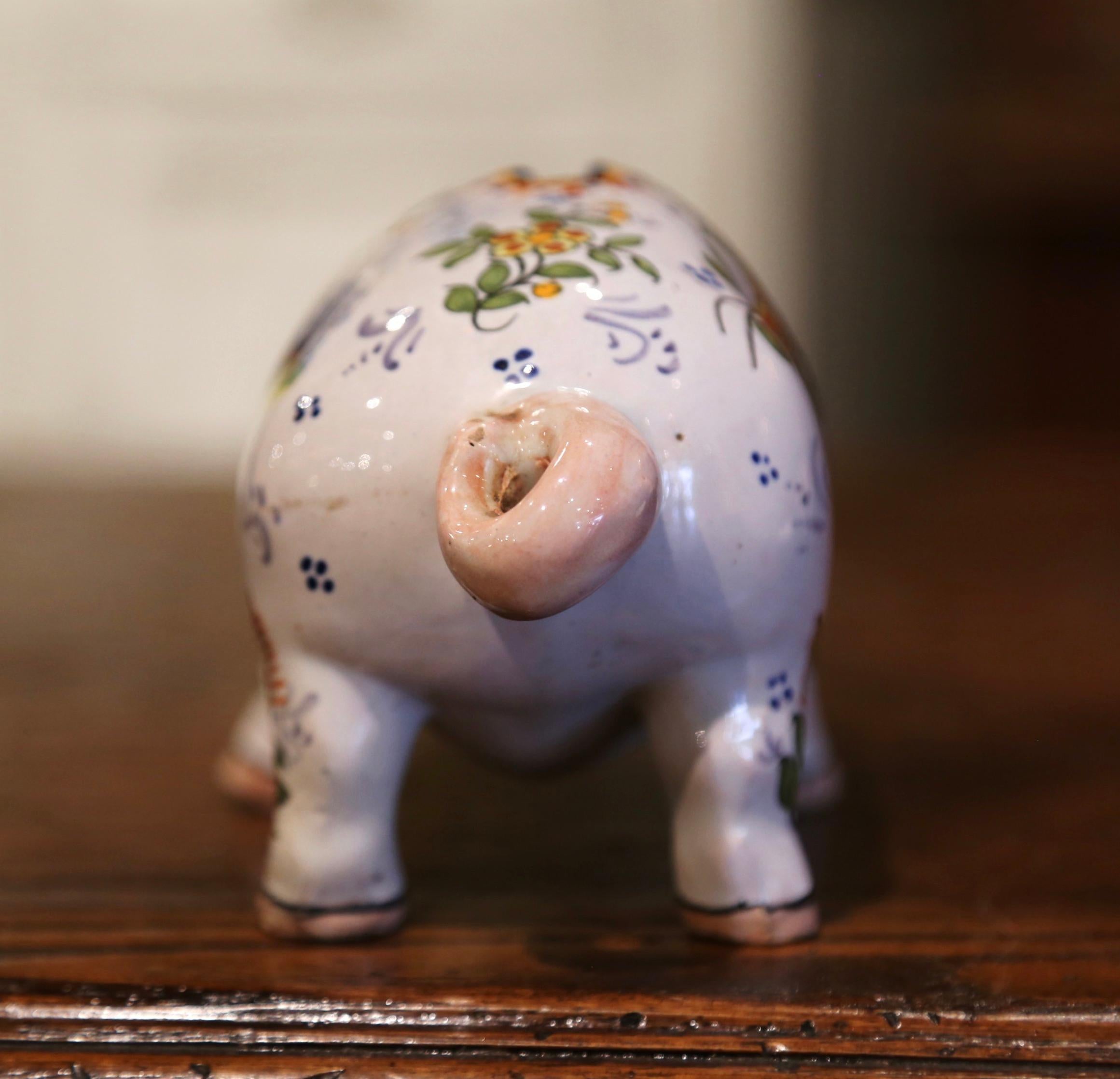 19th Century French Hand Painted Faience Piggy Bank Signed HB Quimper 8