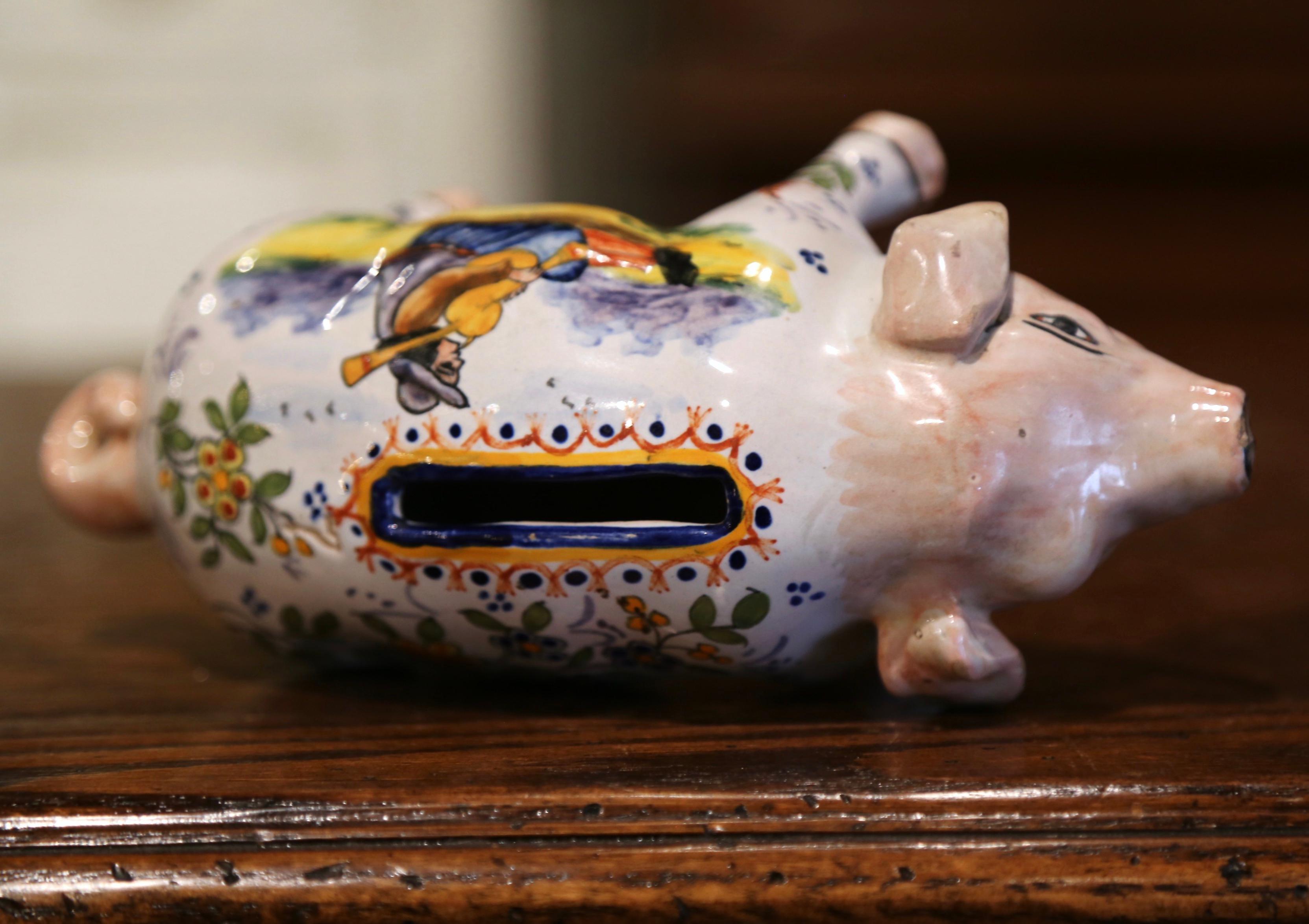 19th Century French Hand Painted Faience Piggy Bank Signed HB Quimper 10