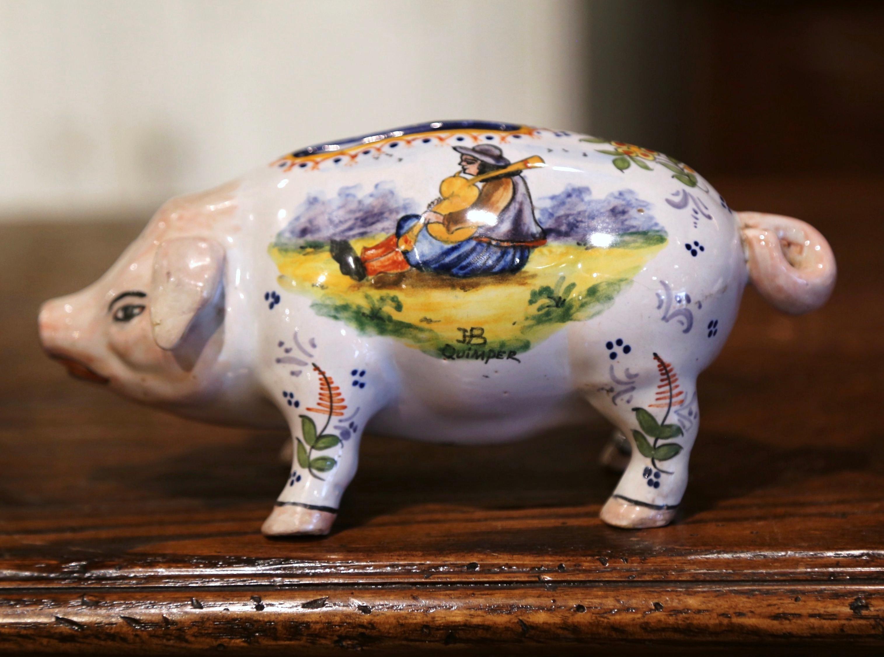 19th Century French Hand Painted Faience Piggy Bank Signed HB Quimper