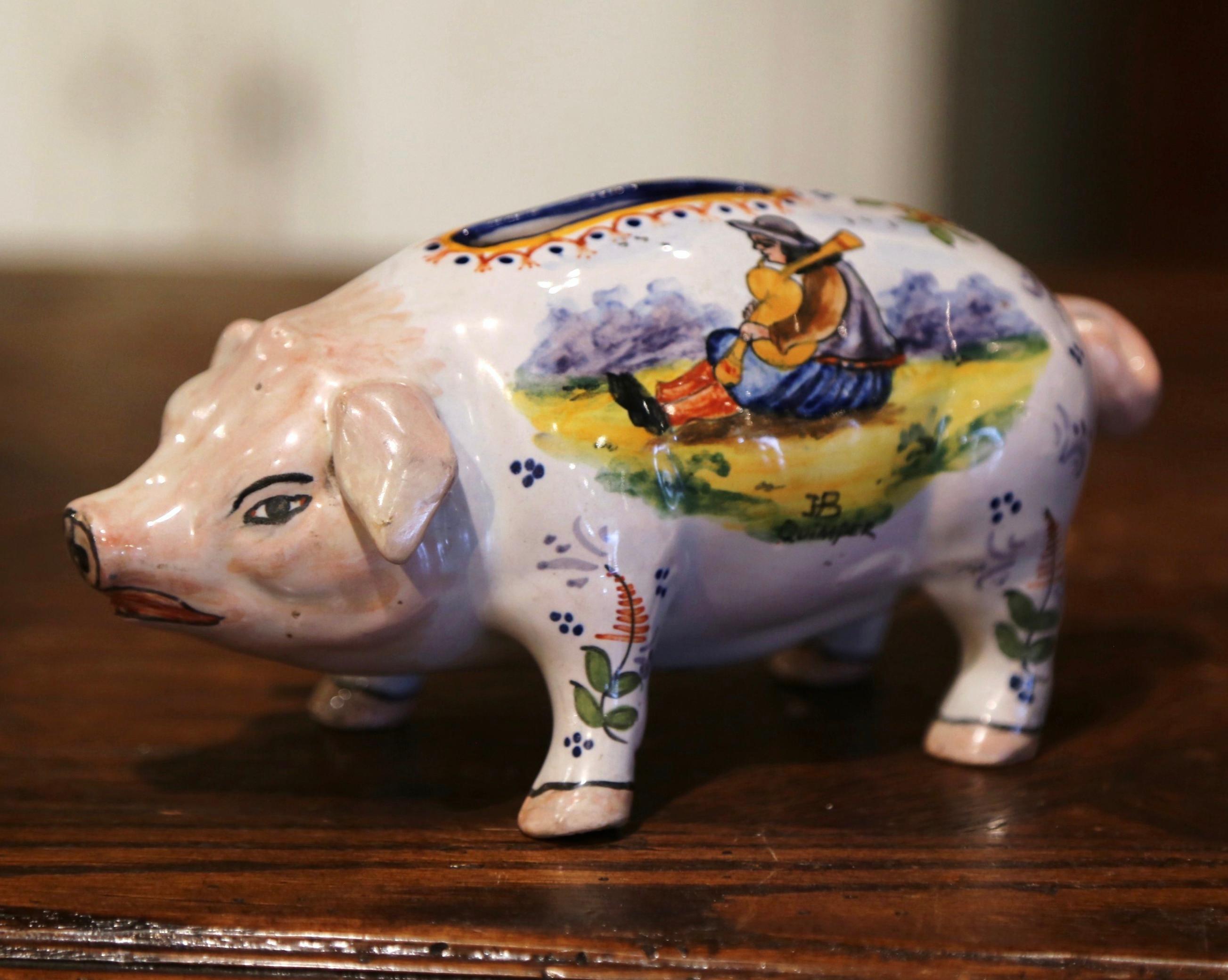 19th Century French Hand Painted Faience Piggy Bank Signed HB Quimper 14