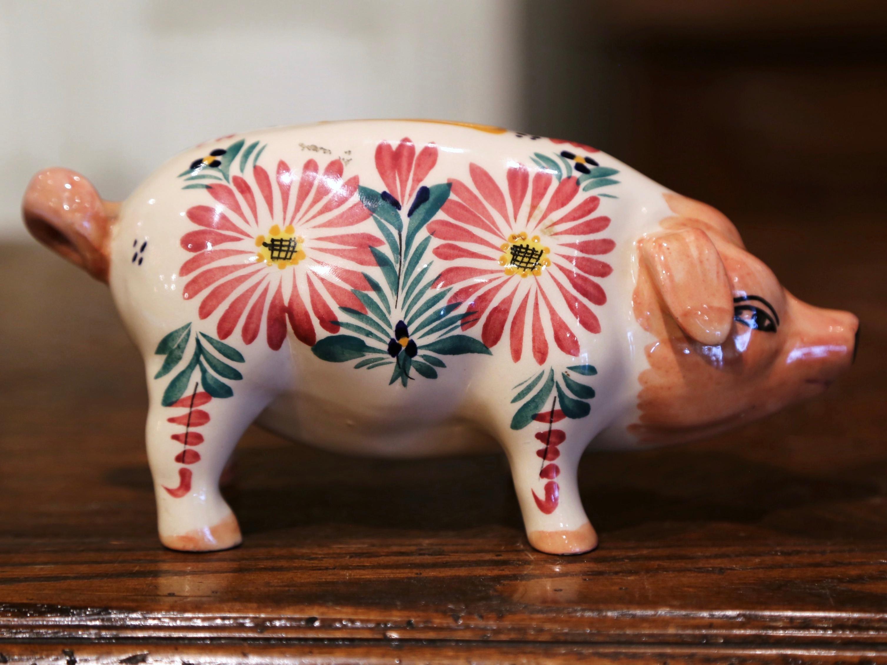 Hand-Crafted 19th Century French Hand Painted Faience Piggy Bank Signed HB Quimper