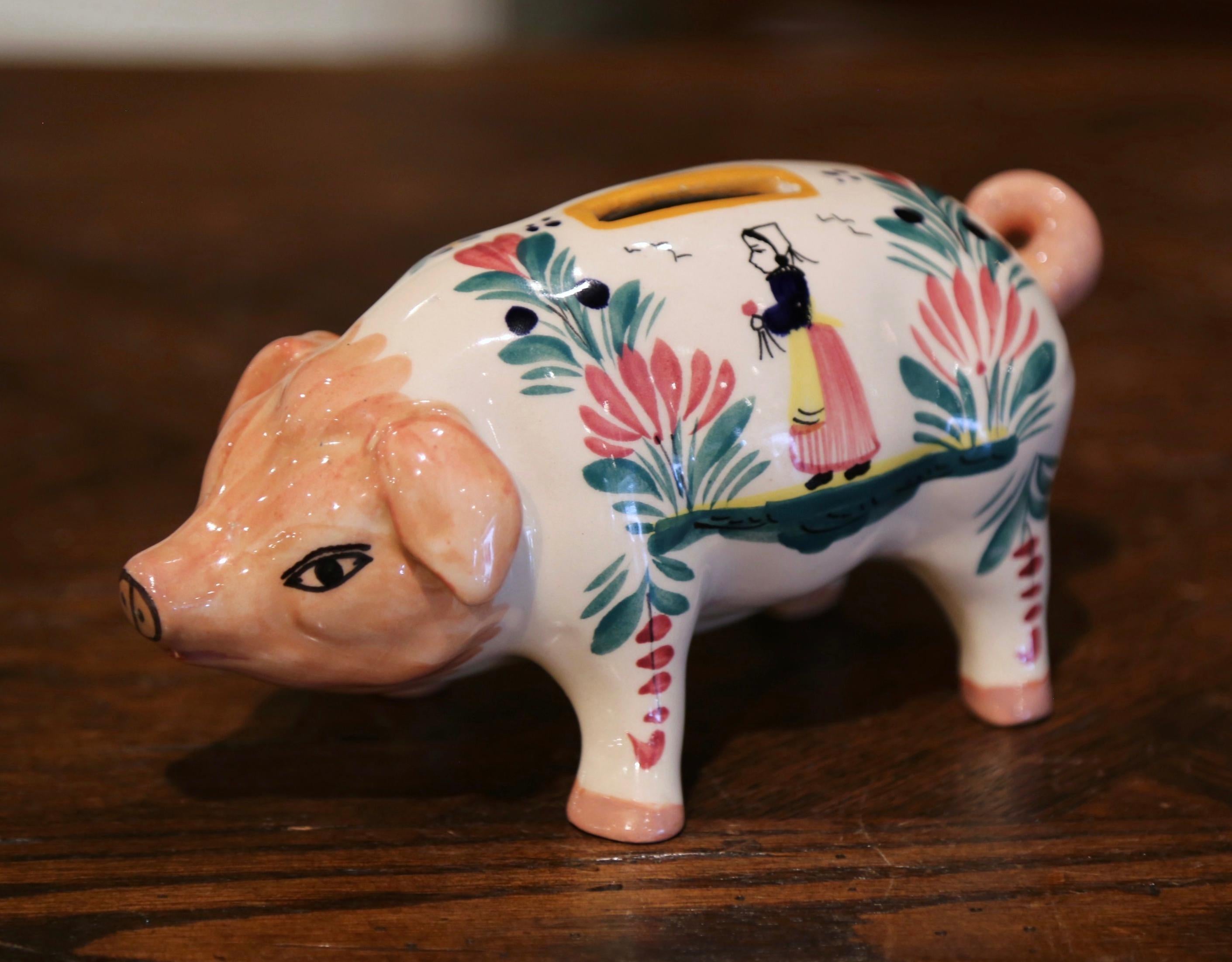 19th Century French Hand Painted Faience Piggy Bank Signed HB Quimper In Excellent Condition In Dallas, TX